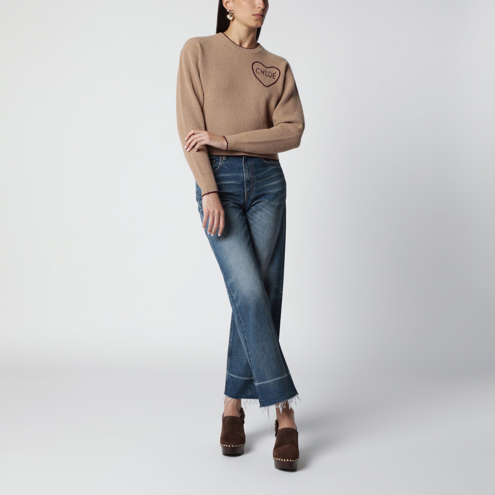 Pull avec logo en laine et cachemire marron clair