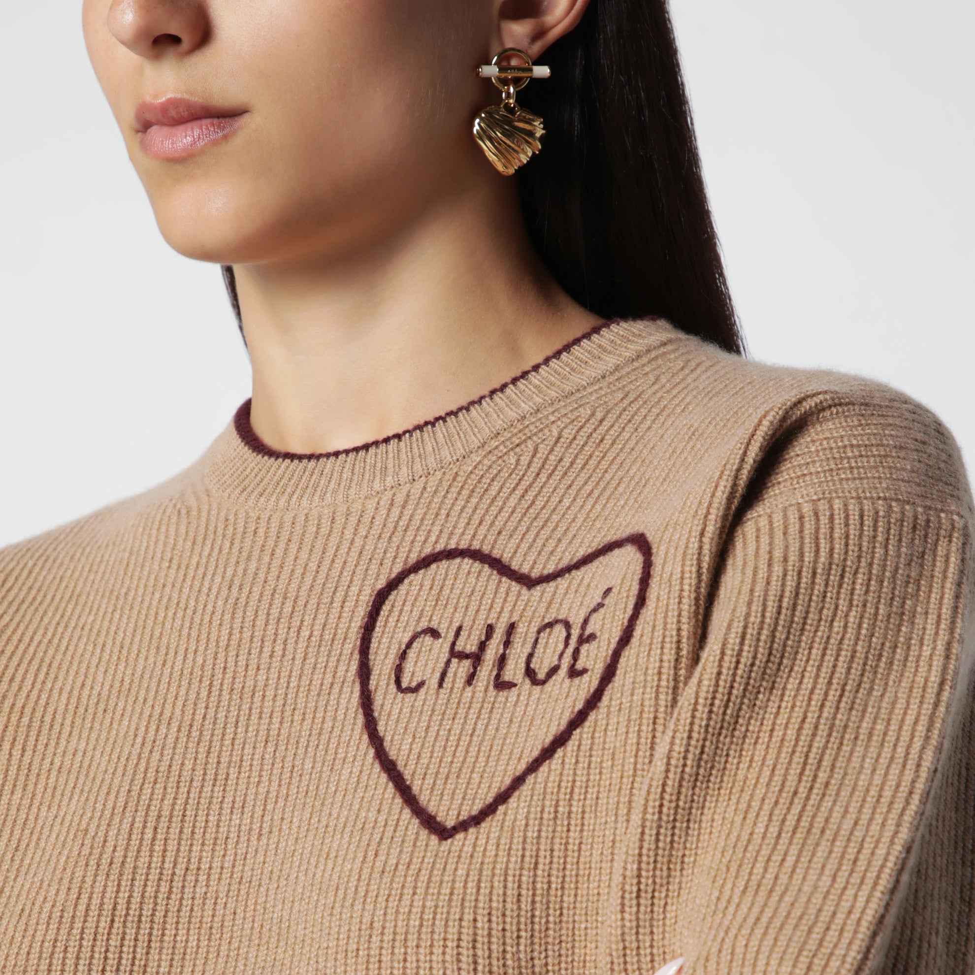 Pull avec logo en laine et cachemire marron clair