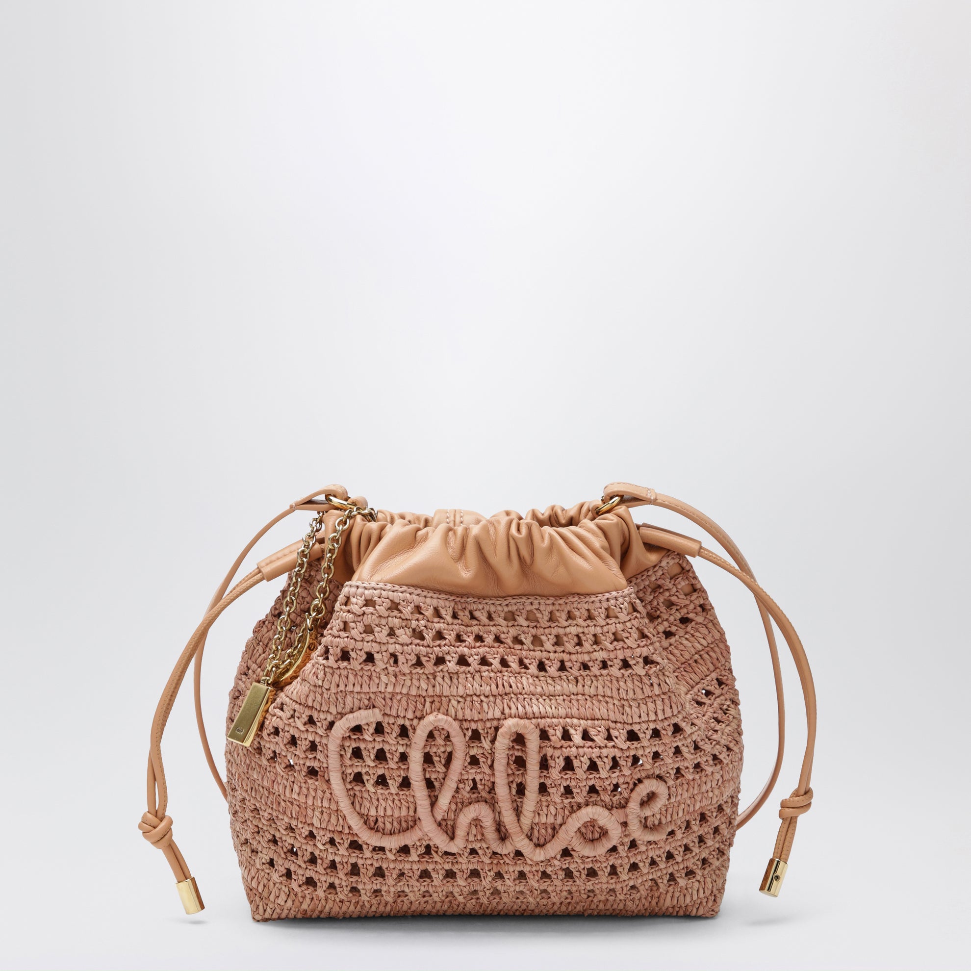 Mini Summer Banana drawstring raffia bag in beige