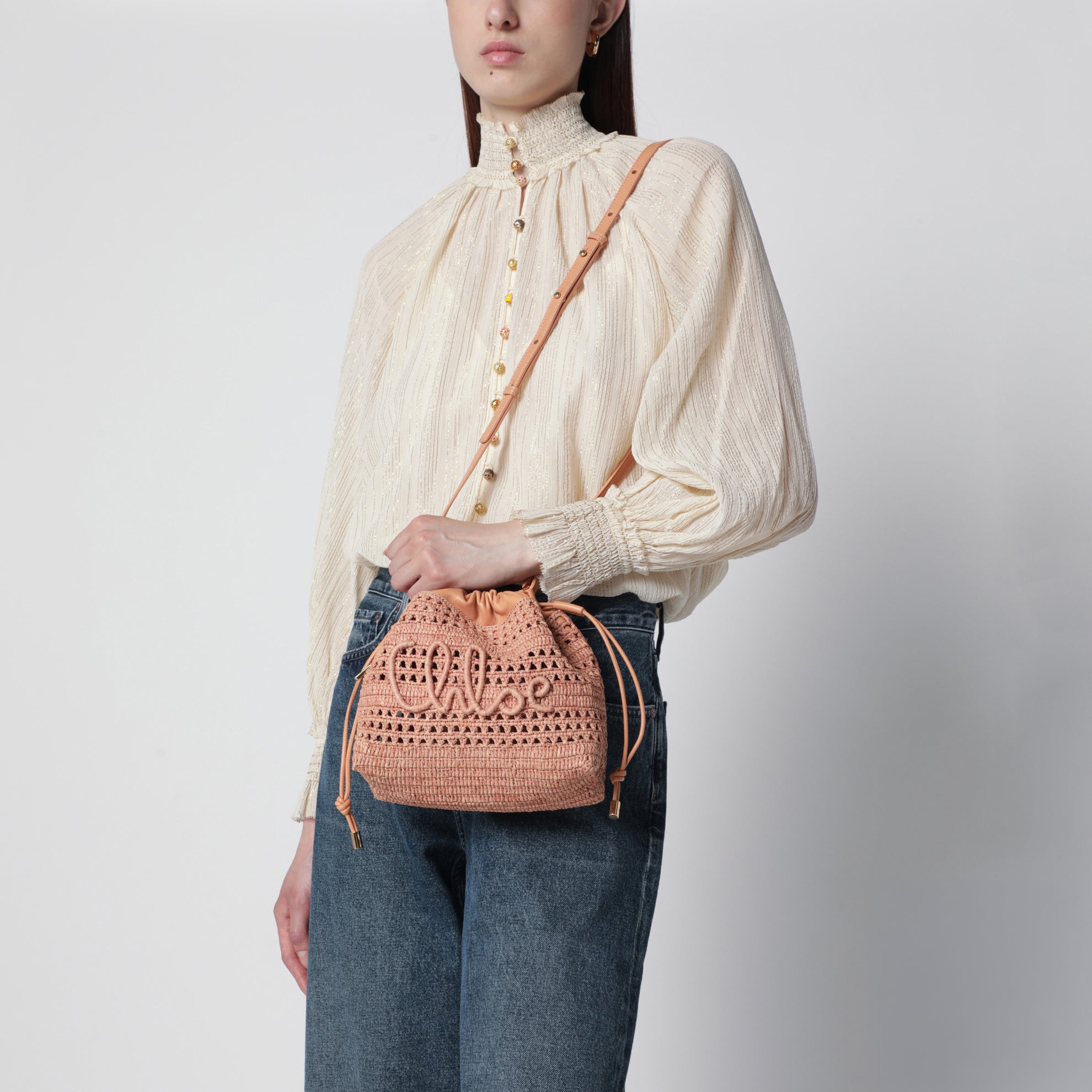 Mini Summer Banana drawstring raffia bag in beige
