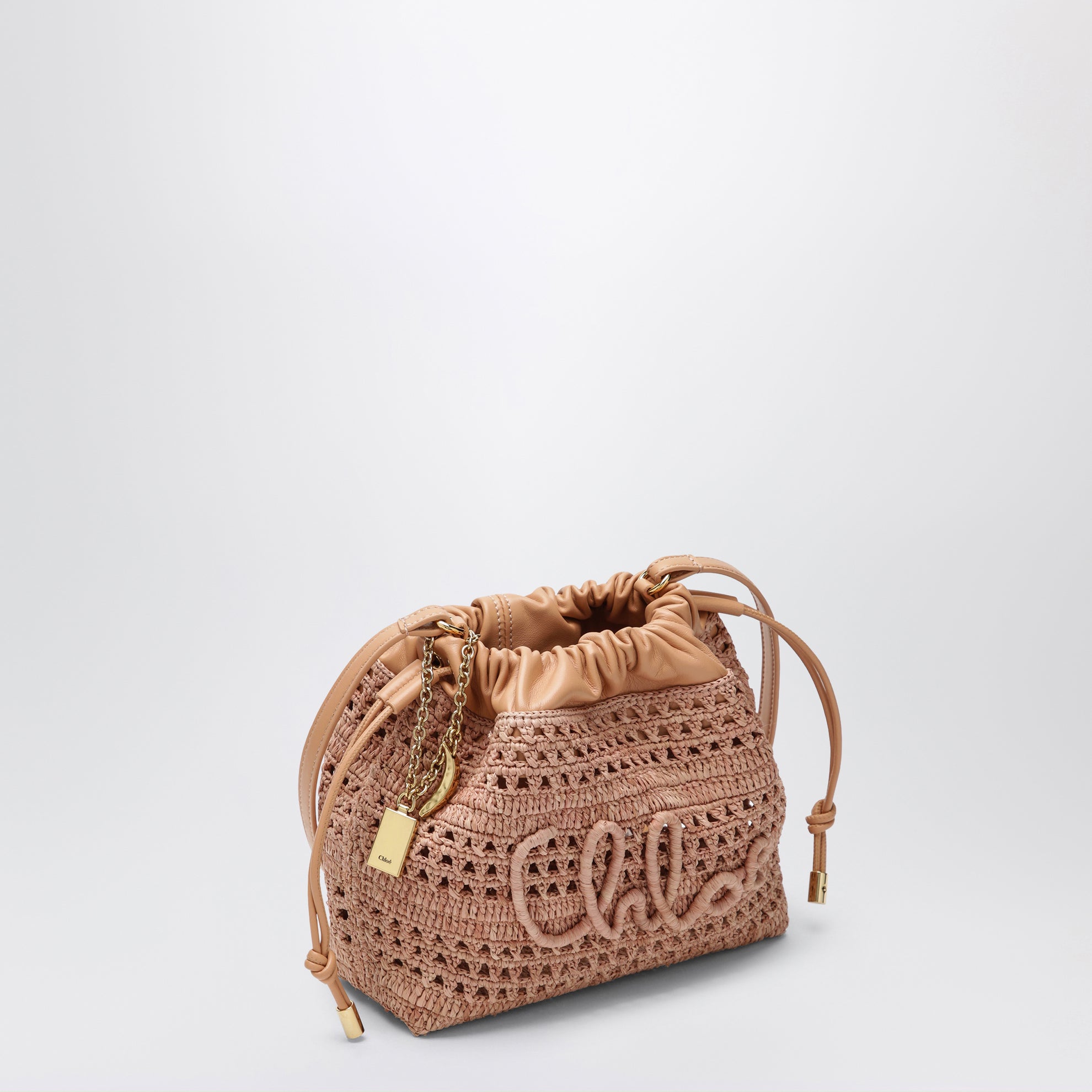 Mini Summer Banana drawstring raffia bag in beige