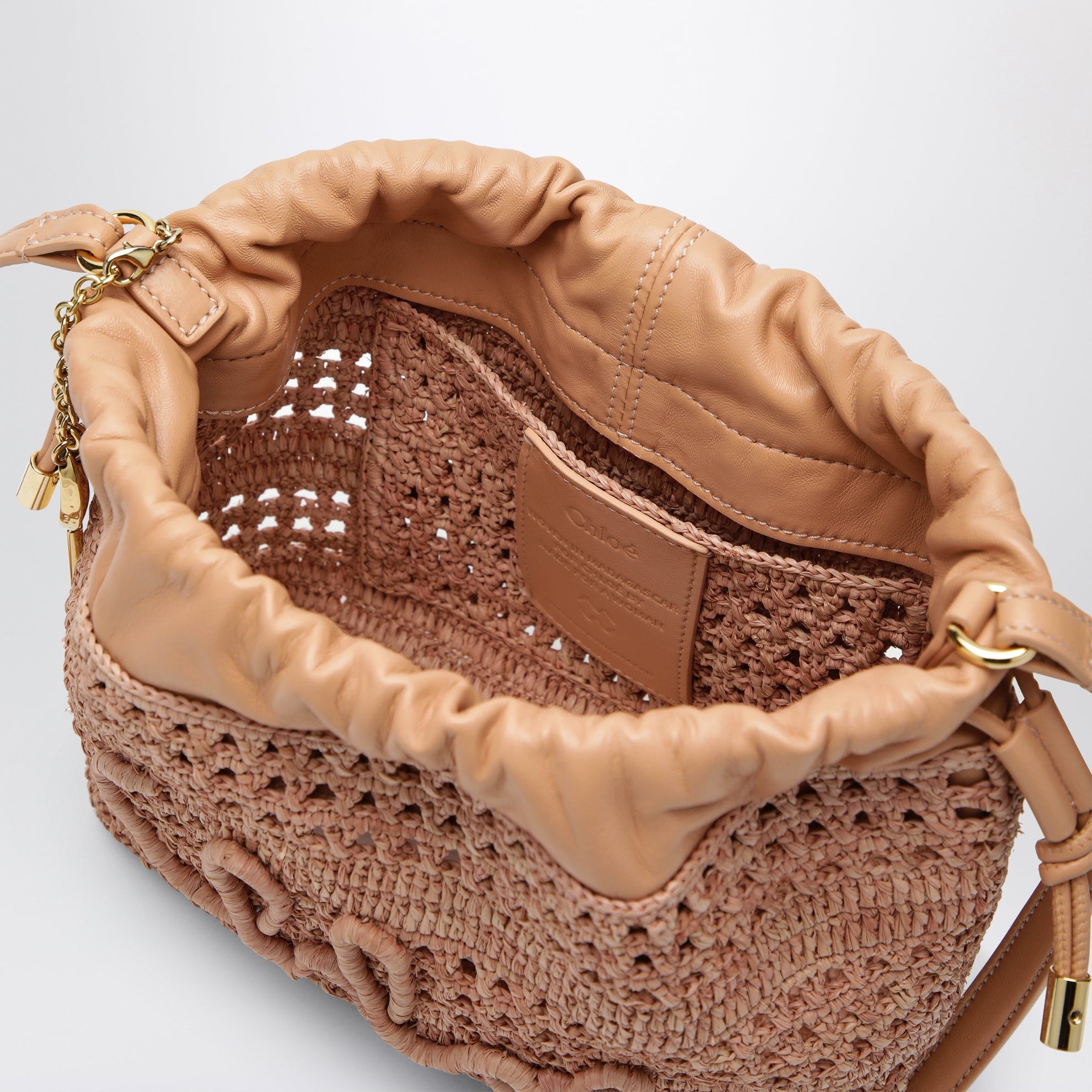Mini Summer Banana drawstring raffia bag in beige