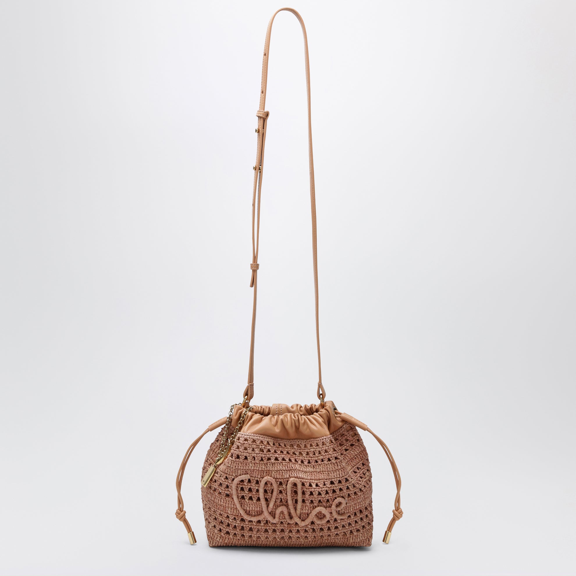 Mini Summer Banana drawstring raffia bag in beige