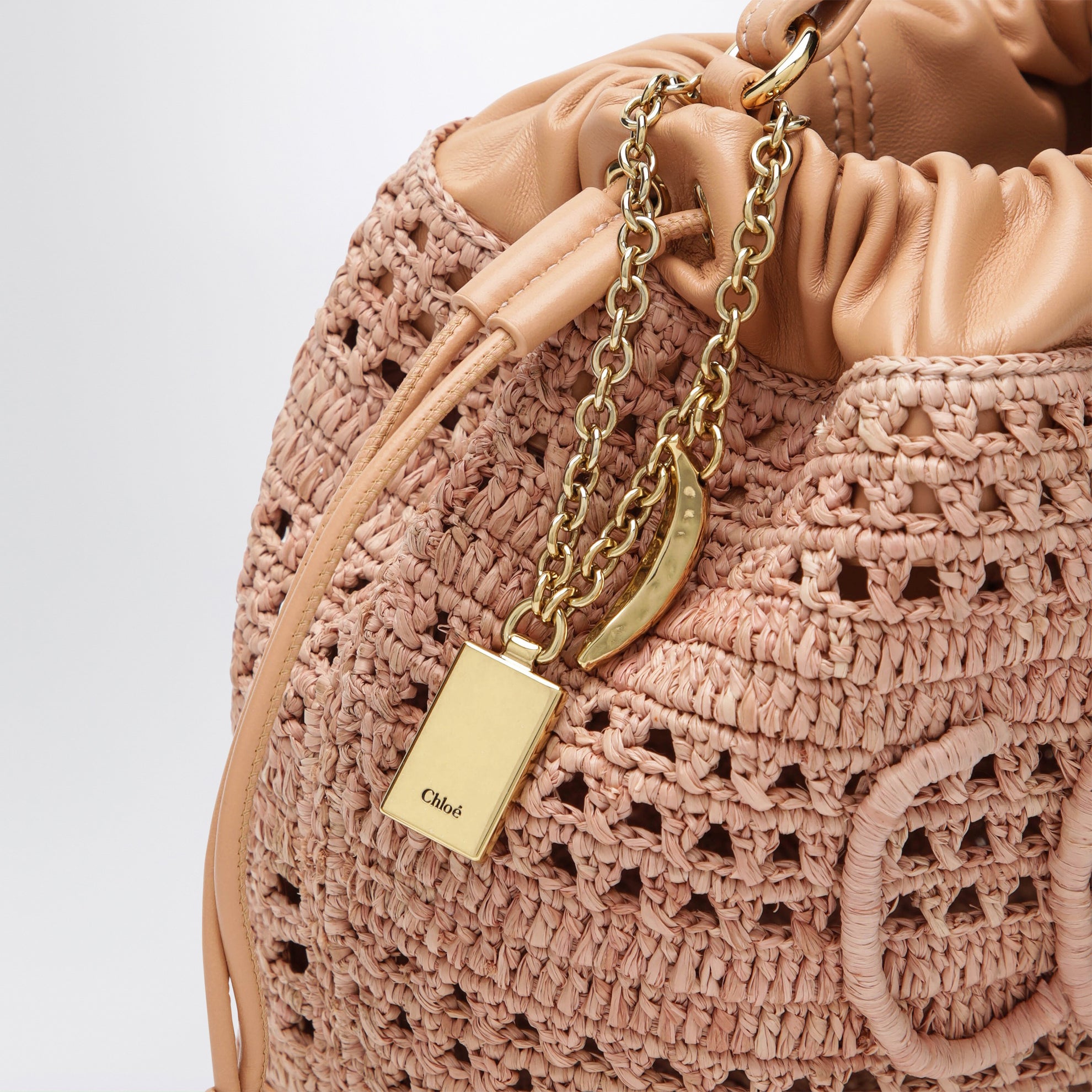 Mini Summer Banana drawstring raffia bag in beige