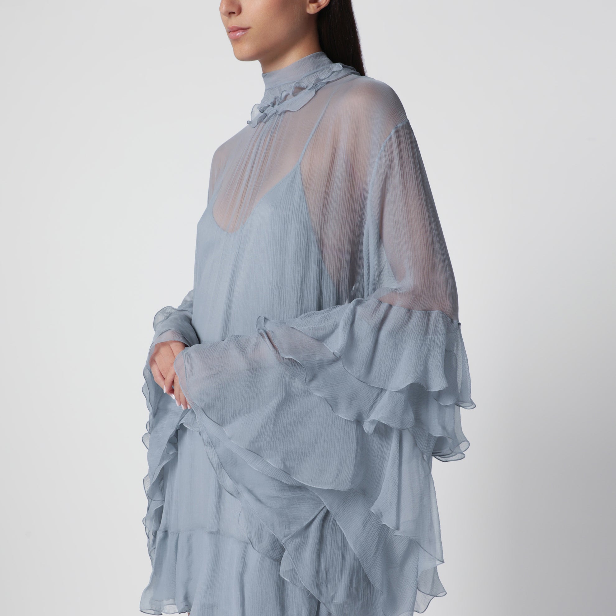 Powder blue silk mousseline mini dress