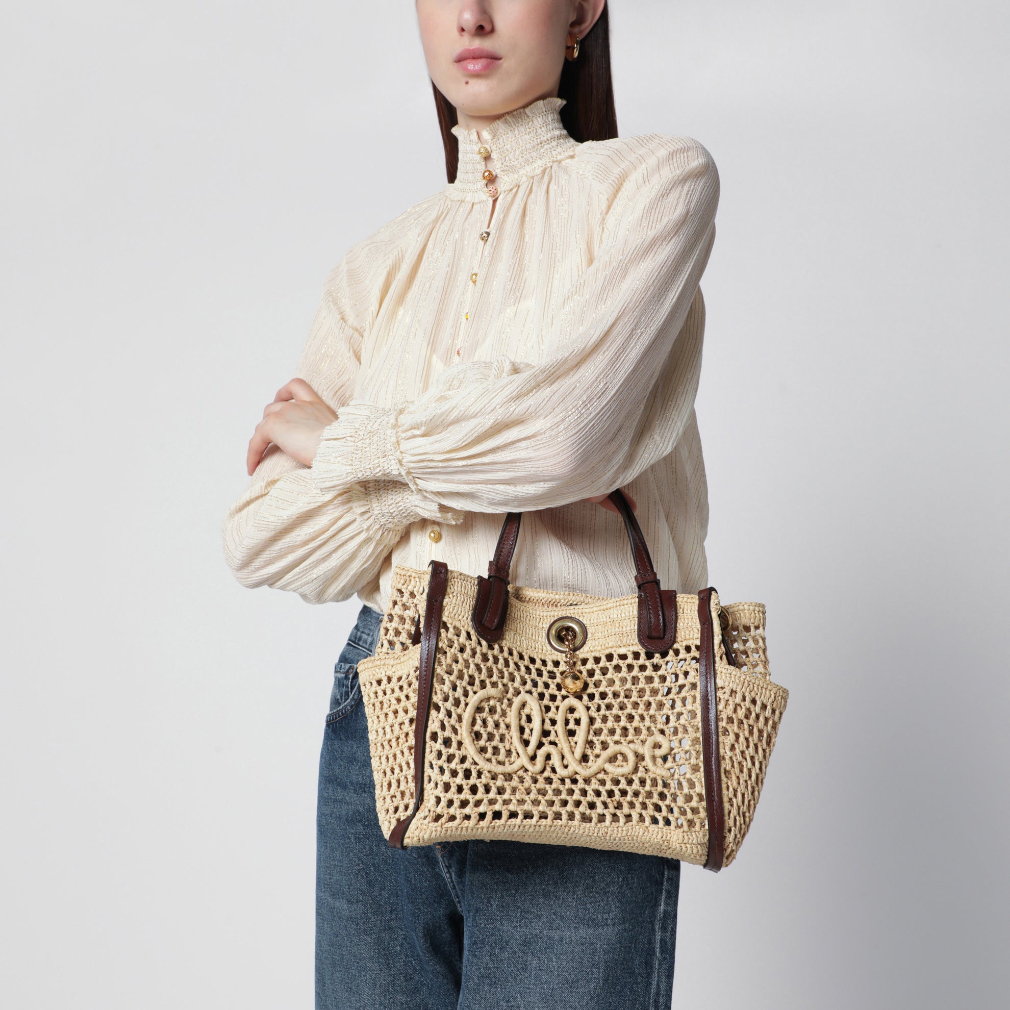 Iconic Tote-Bag aus Raffia mit Lederbesatz in Hot Sand