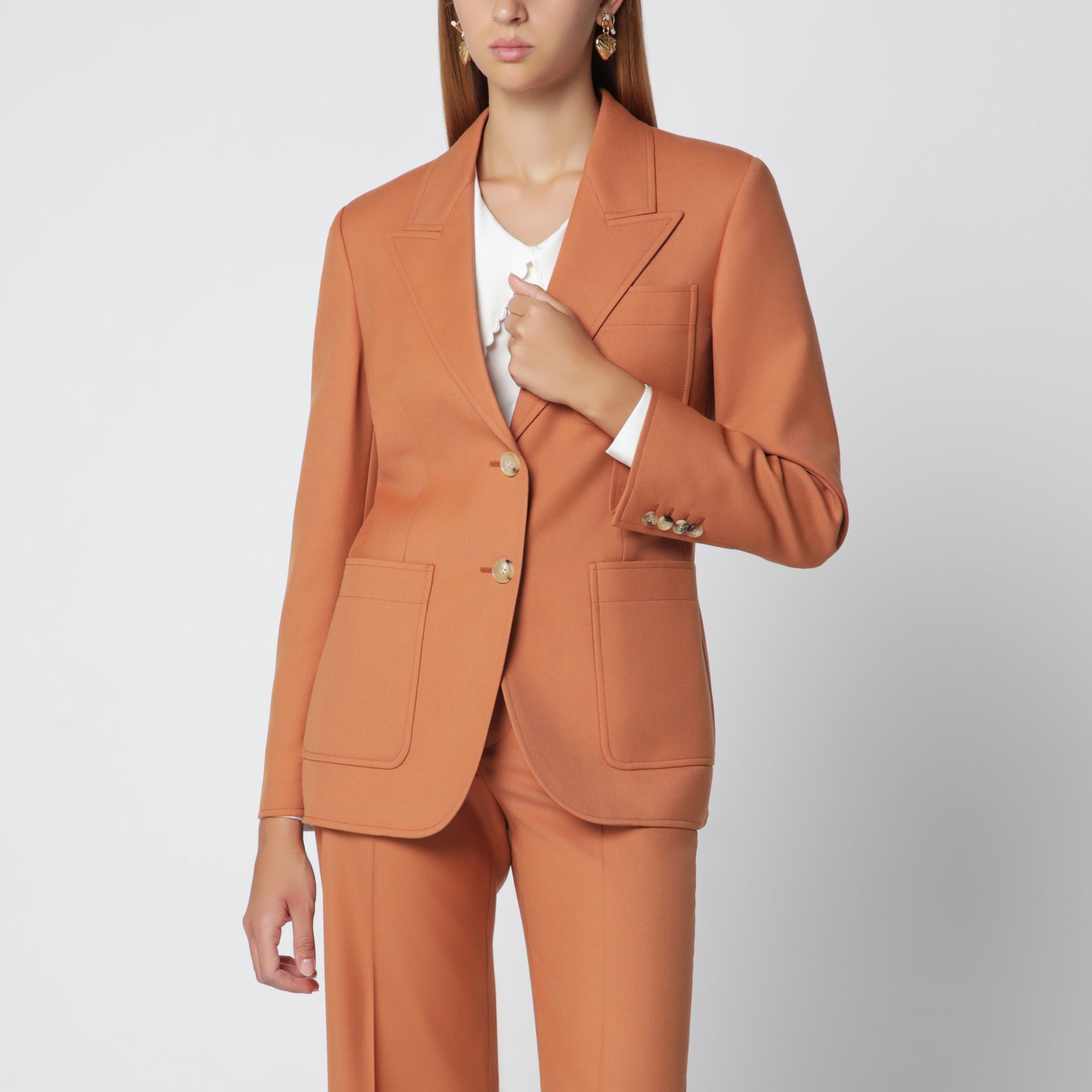 Single-breasted jacket in burnt orange wool gabardine