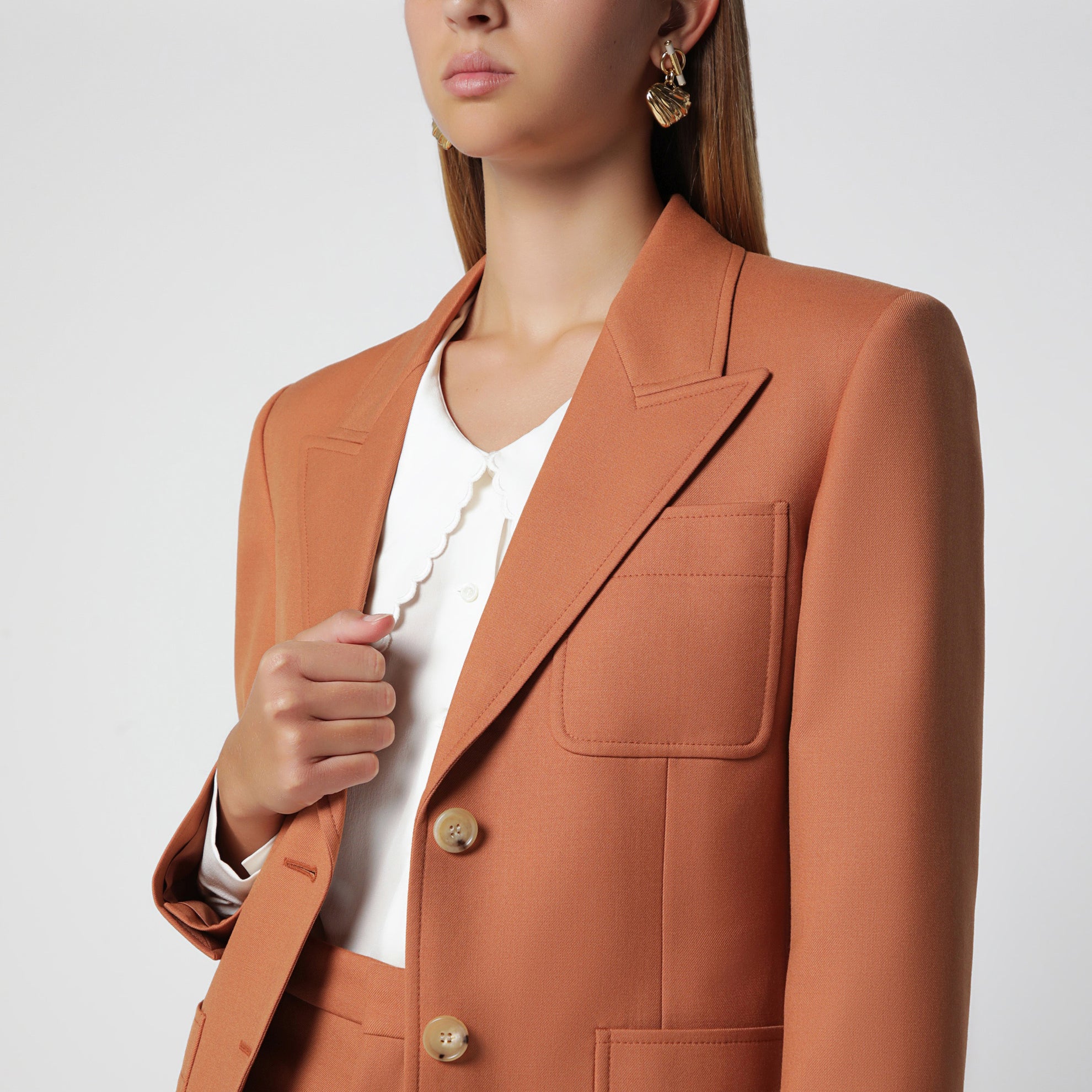 Single-breasted jacket in burnt orange wool gabardine