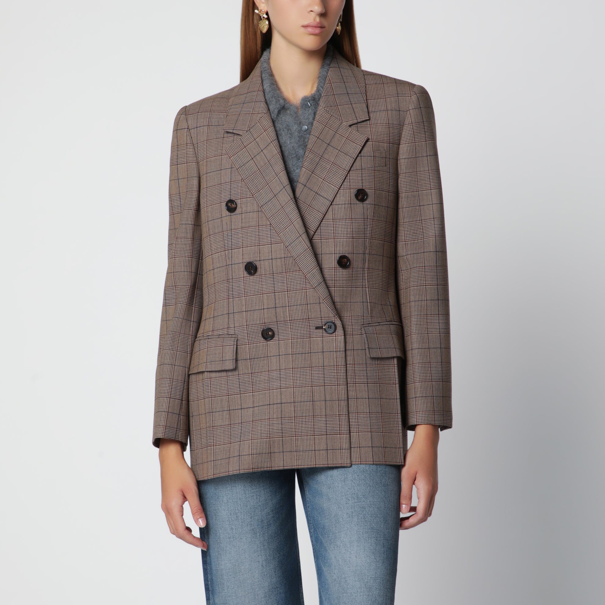 Brown Prince of Wales double-breasted jacket