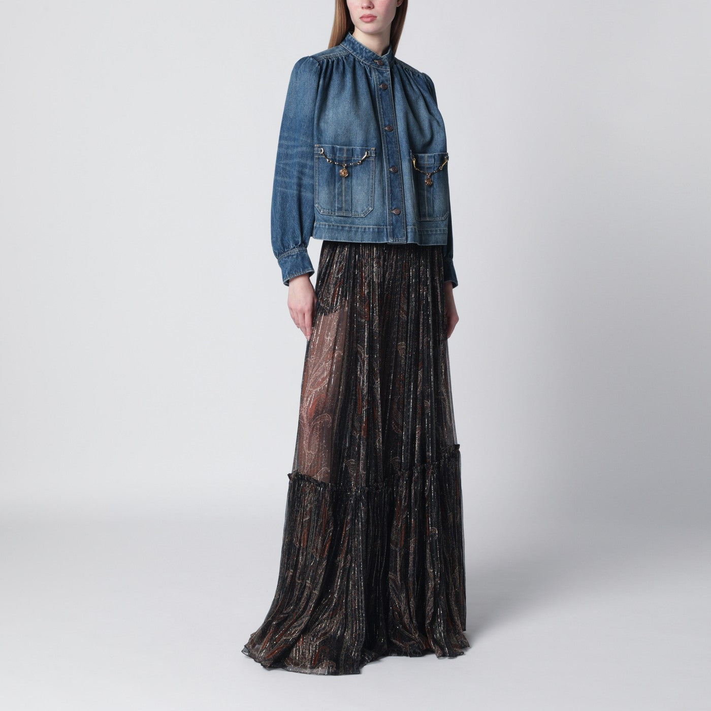 Indigo blue gathered denim jacket