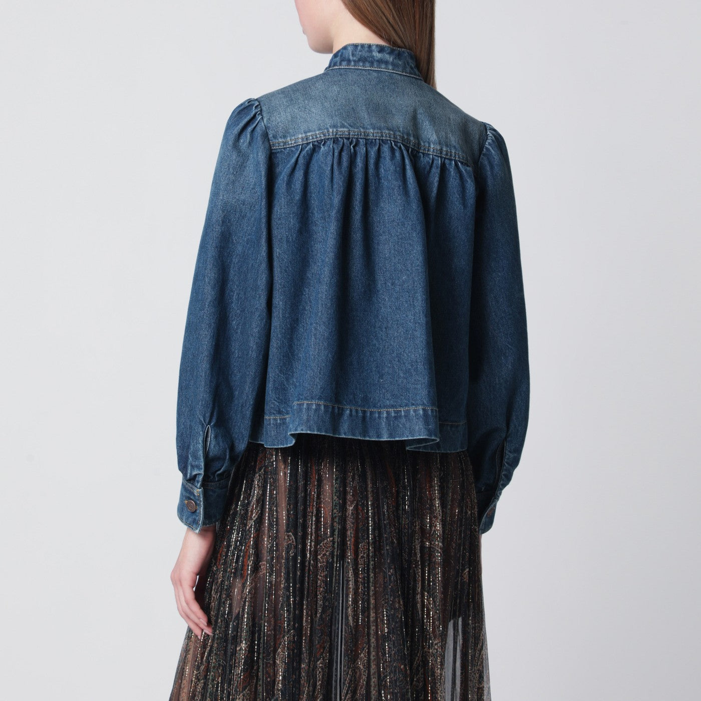 Indigo blue gathered denim jacket