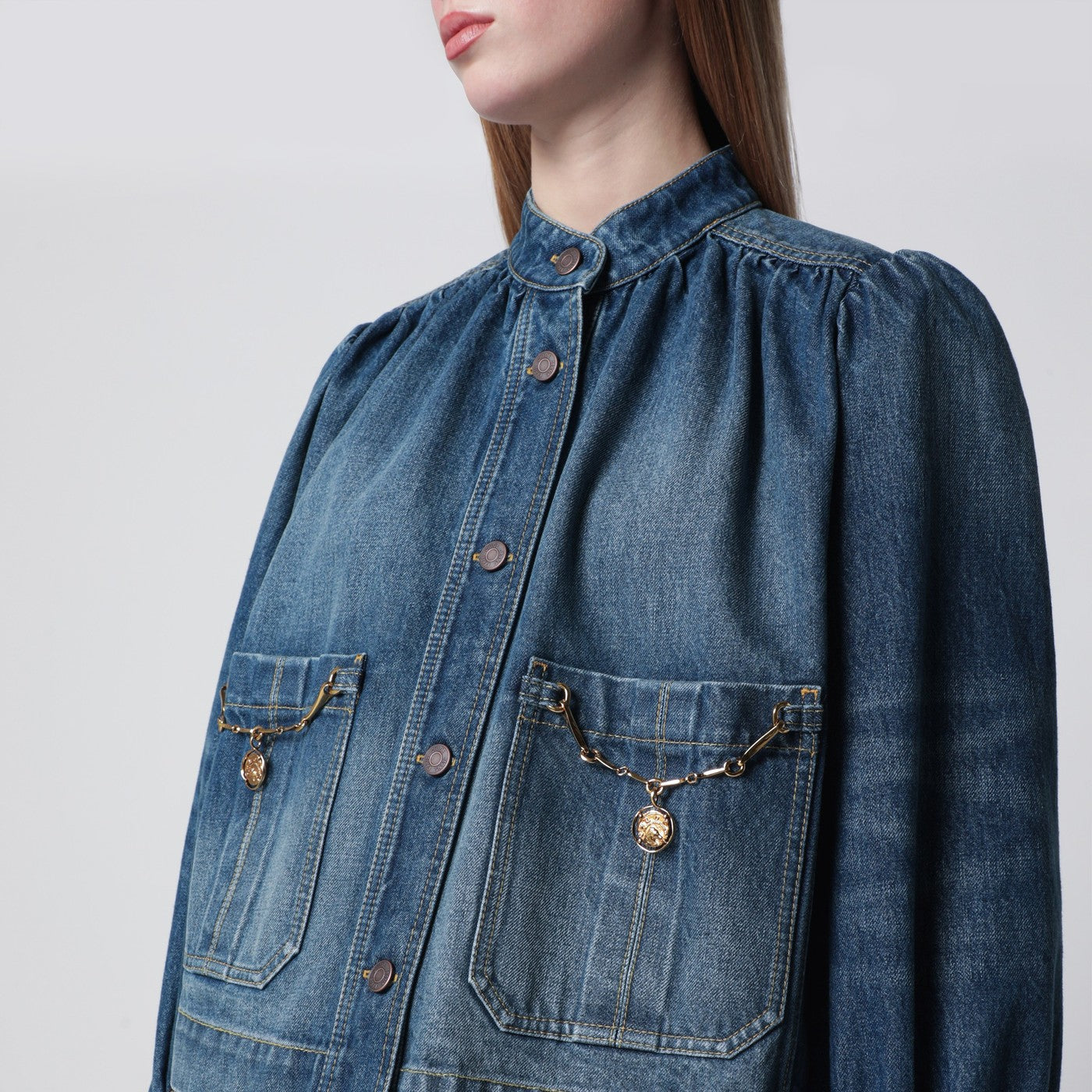 Indigo blue gathered denim jacket
