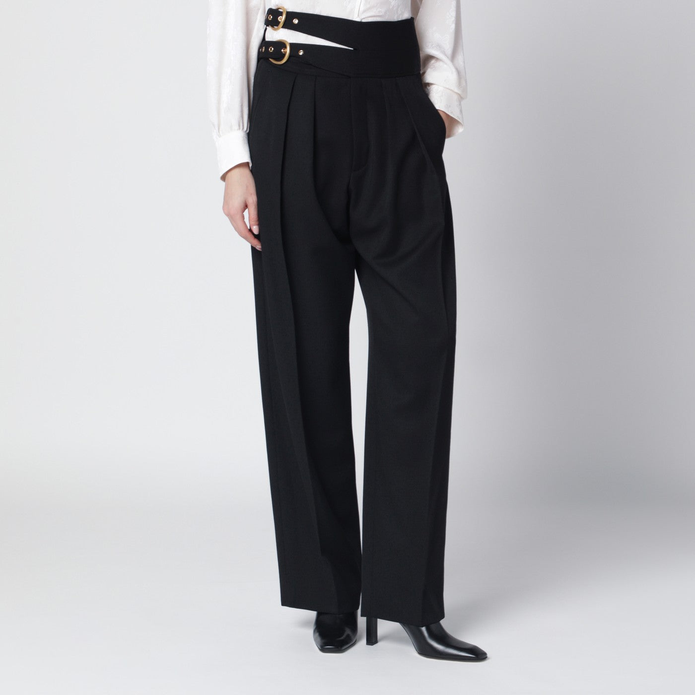 Black trousers with double belt and gold buckles