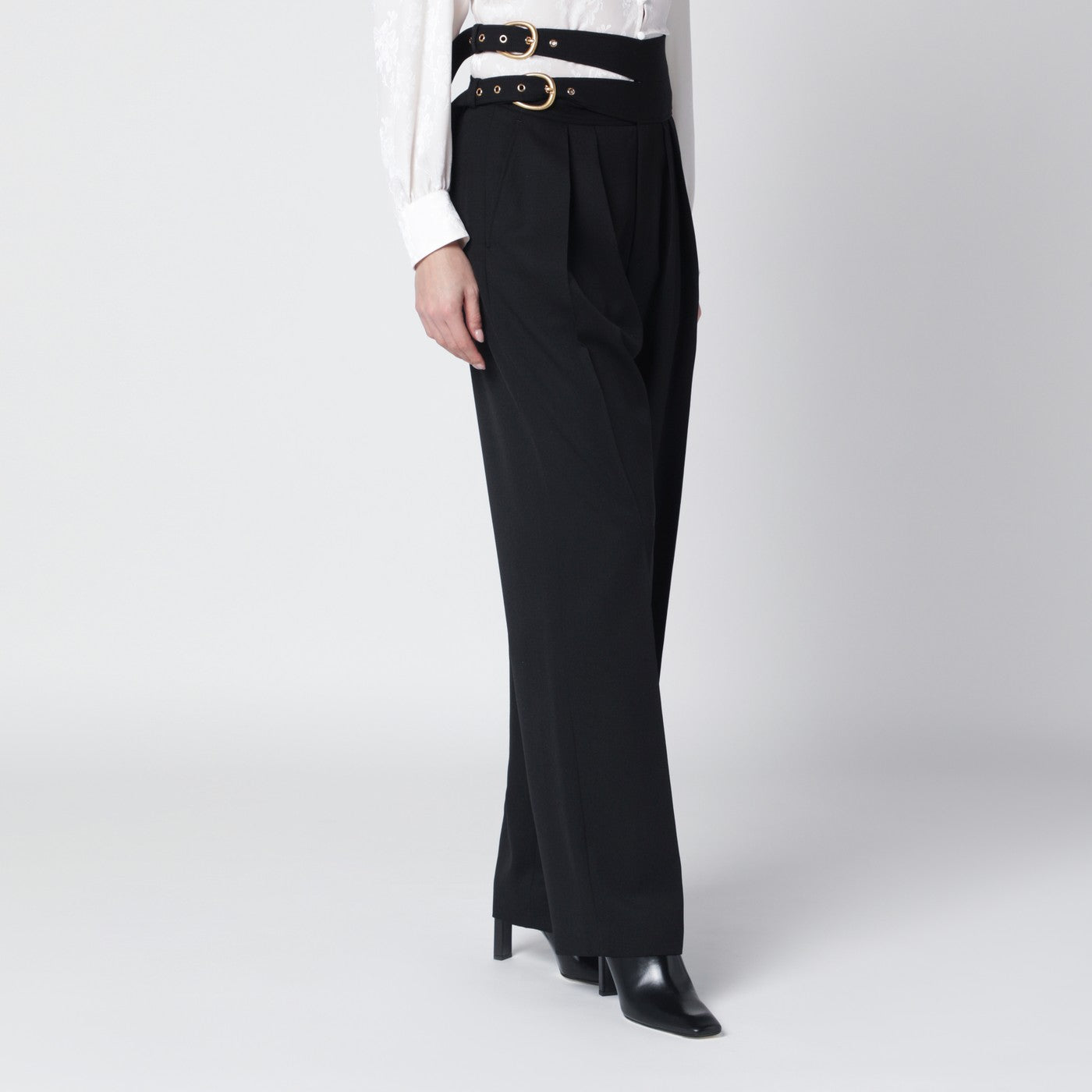 Black trousers with double belt and gold buckles