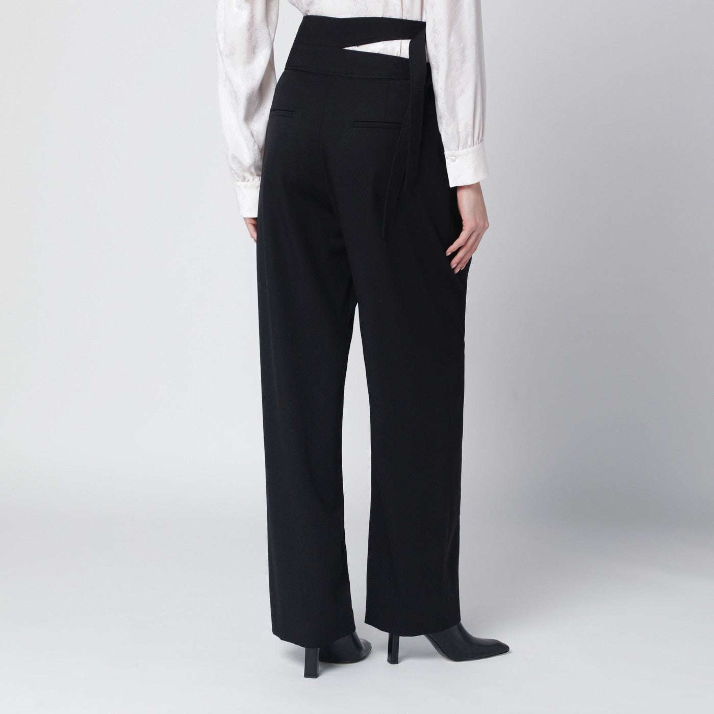 Black trousers with double belt and gold buckles