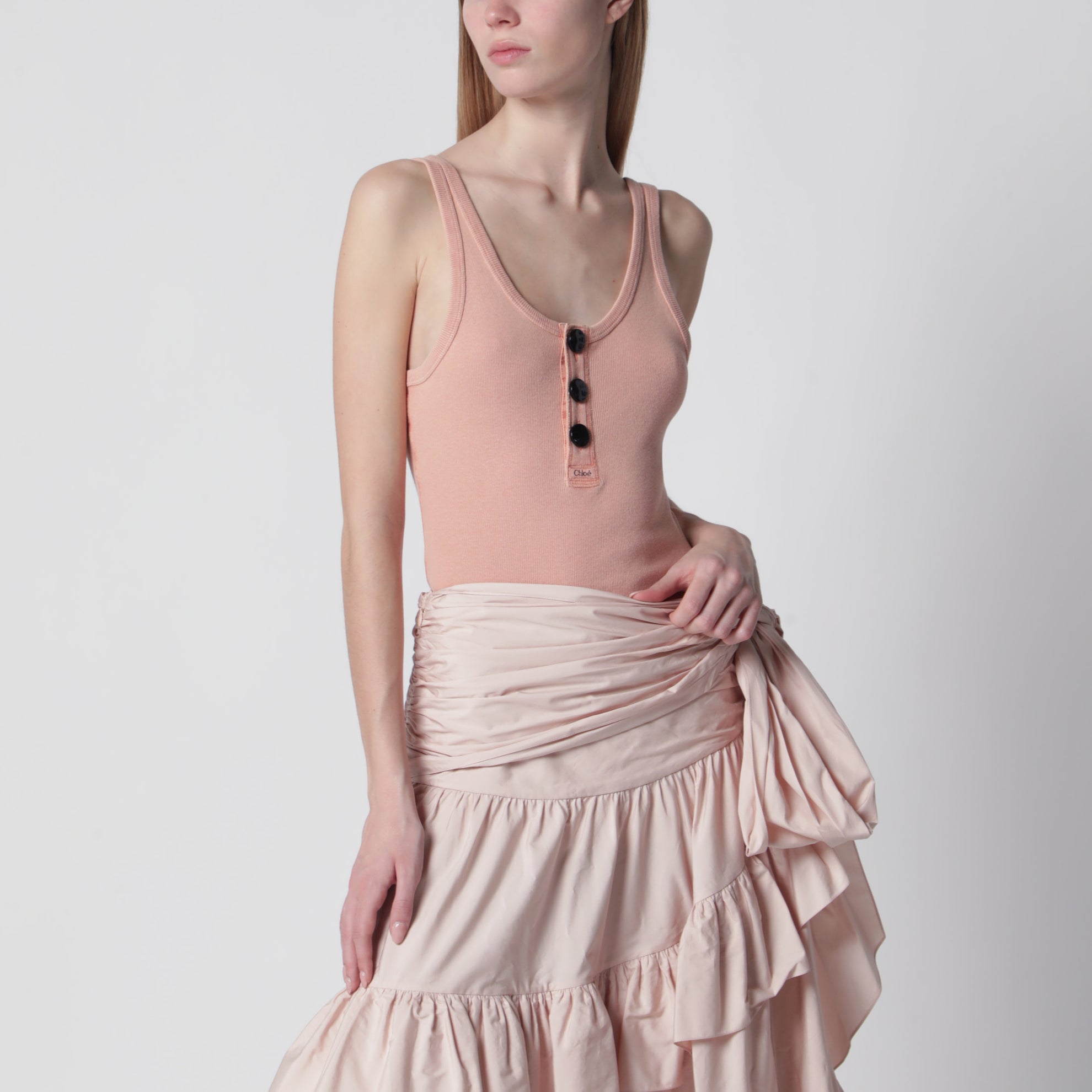 Canotta Henley aderente in jersey di cotone rosa