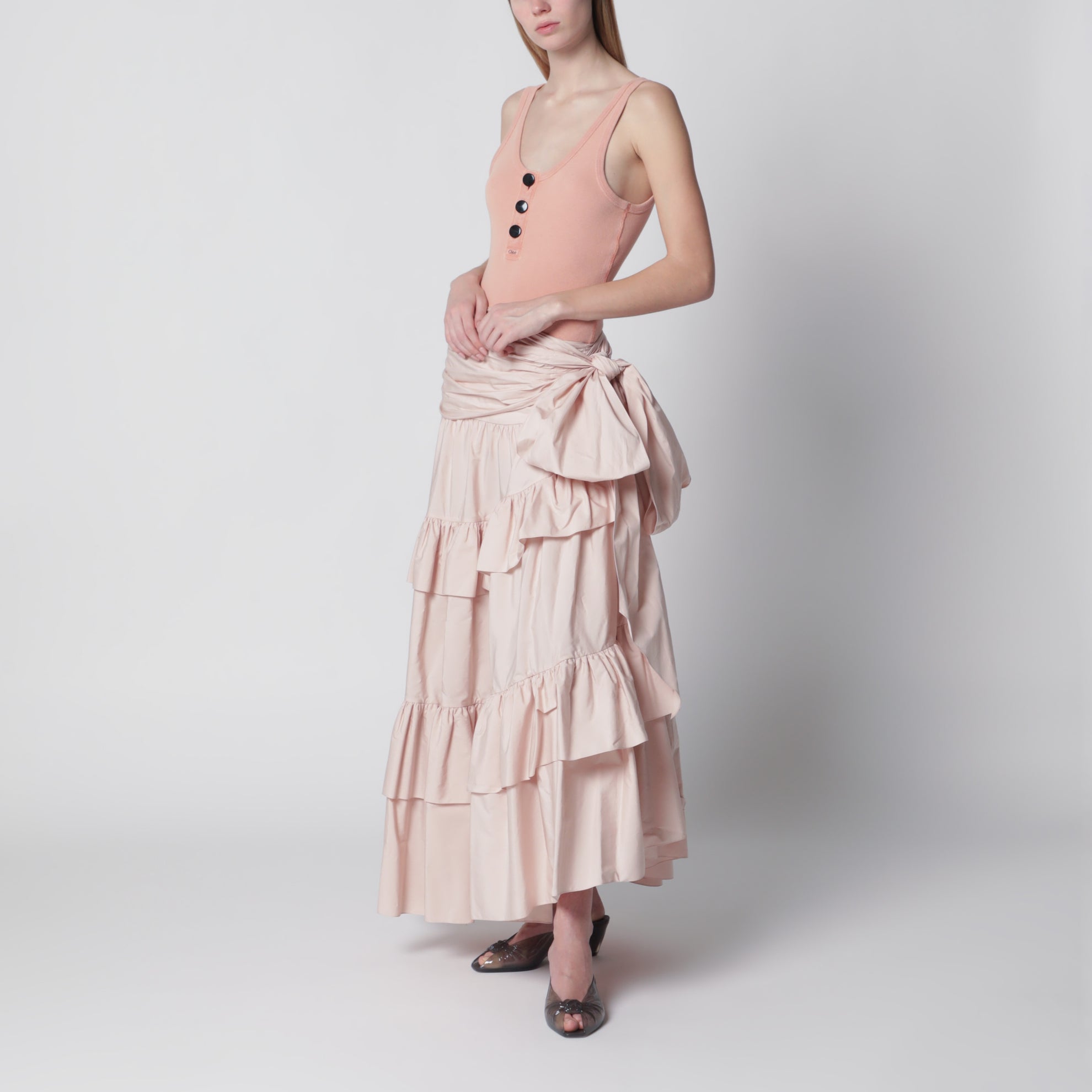 Canotta Henley aderente in jersey di cotone rosa