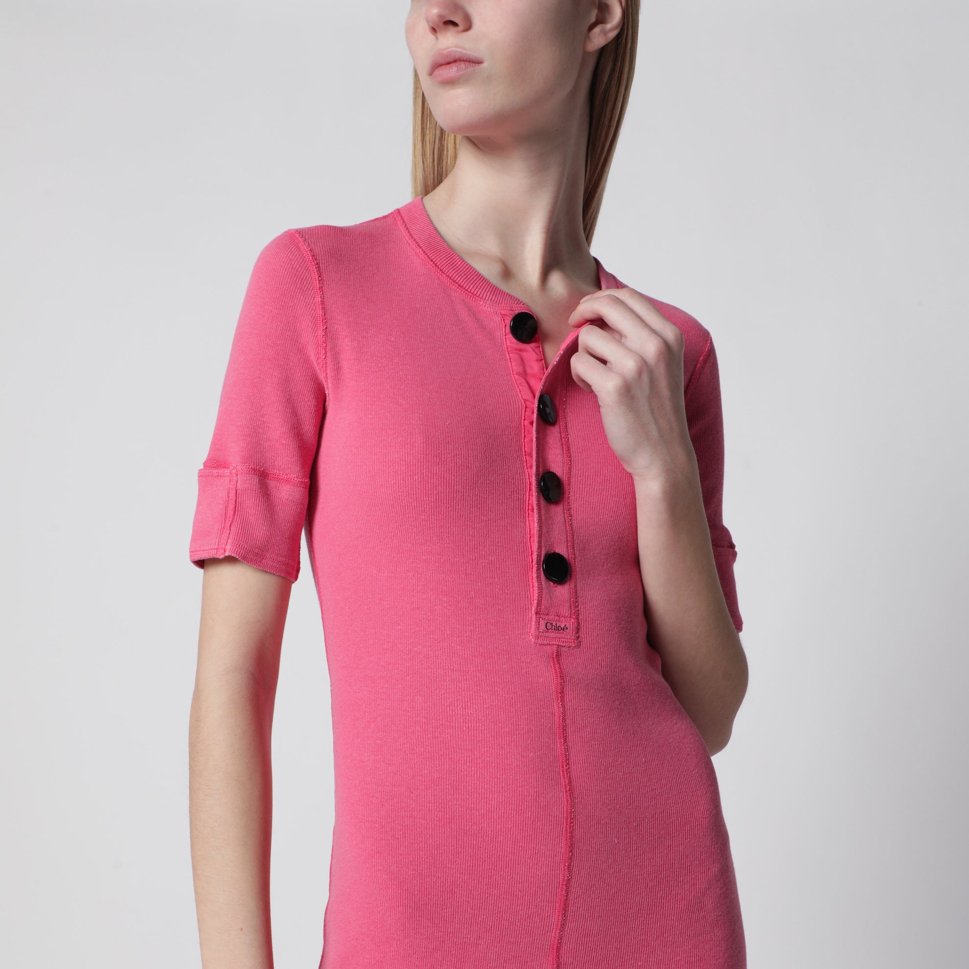 Pink Henley mini dress in cotton jersey