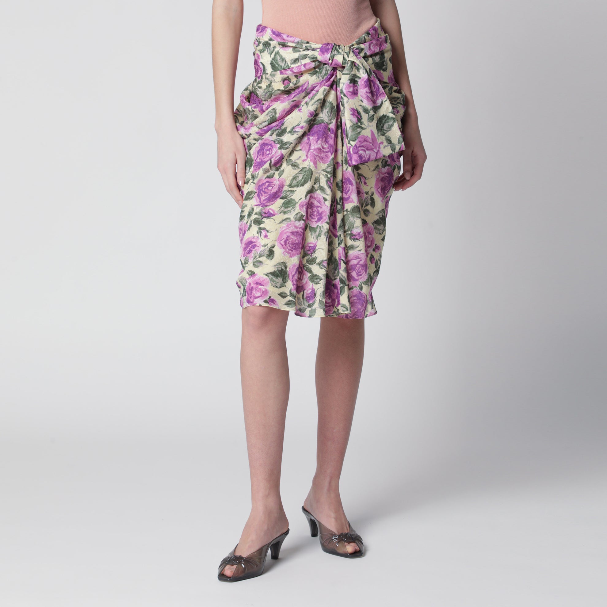 Draped silk skirt with floral pattern