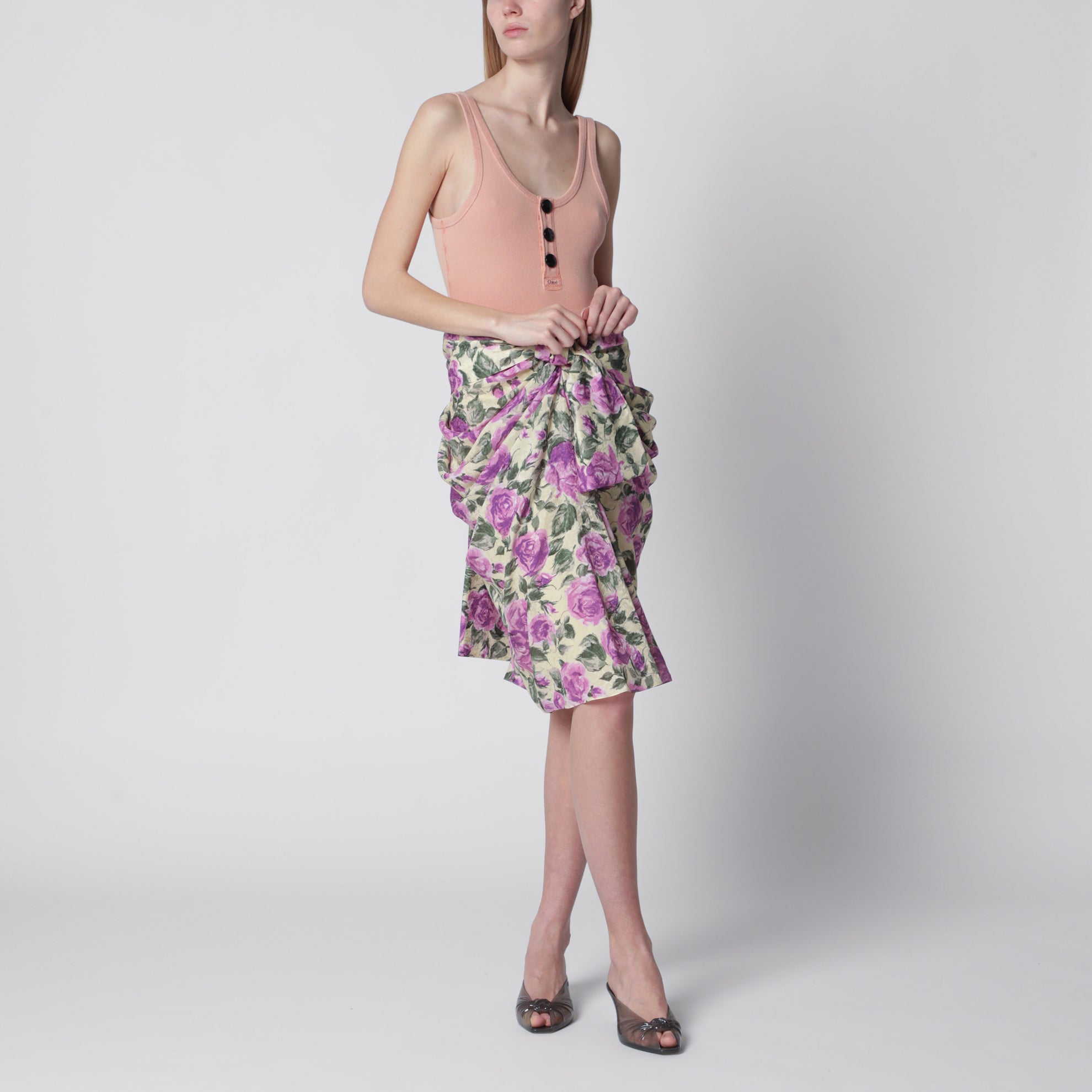 Draped silk skirt with floral pattern