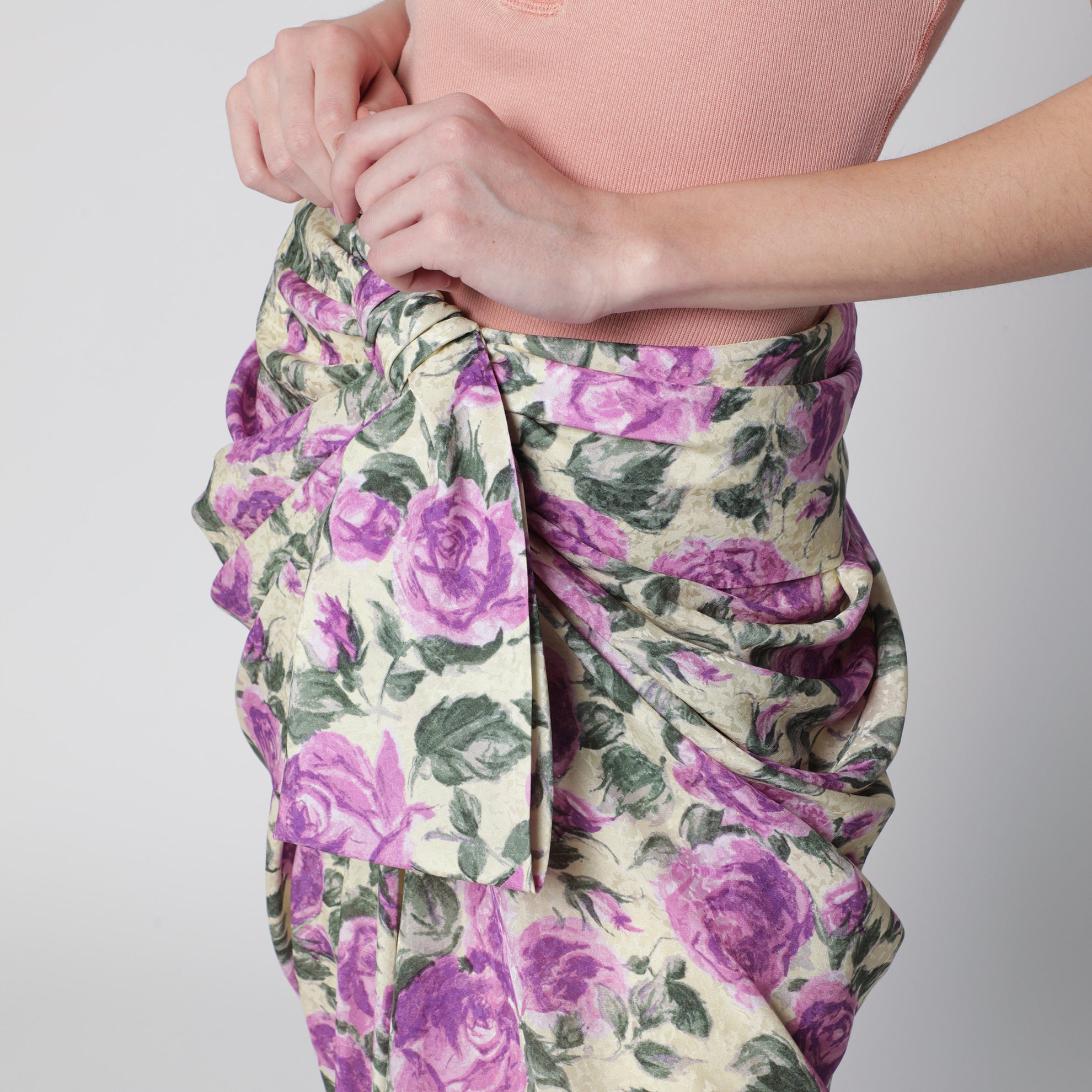 Draped silk skirt with floral pattern