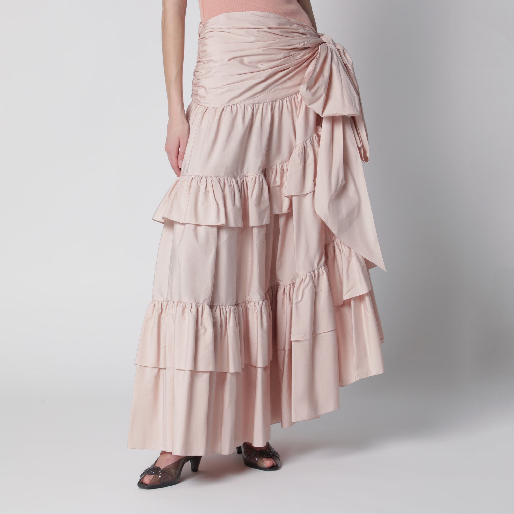 Gonna lunga a balze con fiocco in popeline di cotone rosa