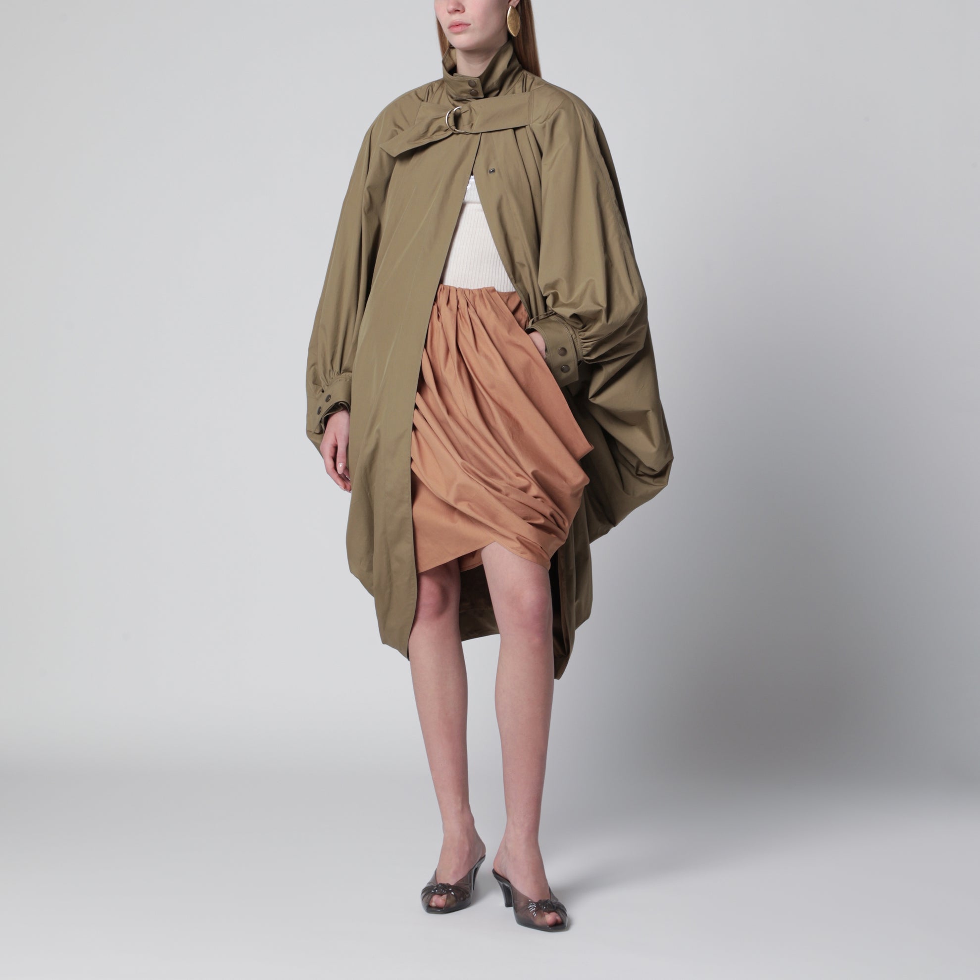 Oversized cape coat in olive green poplin