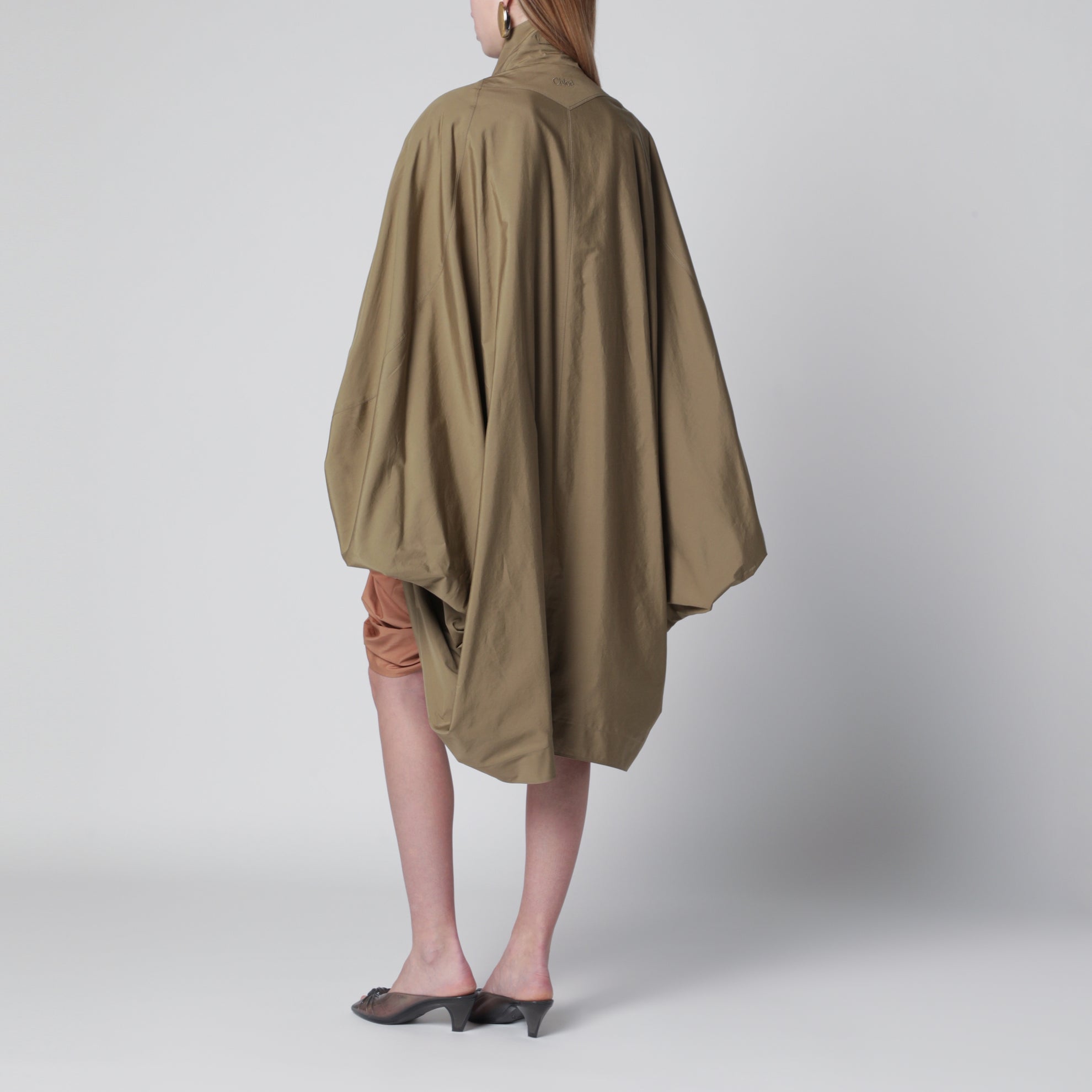 Oversized cape coat in olive green poplin