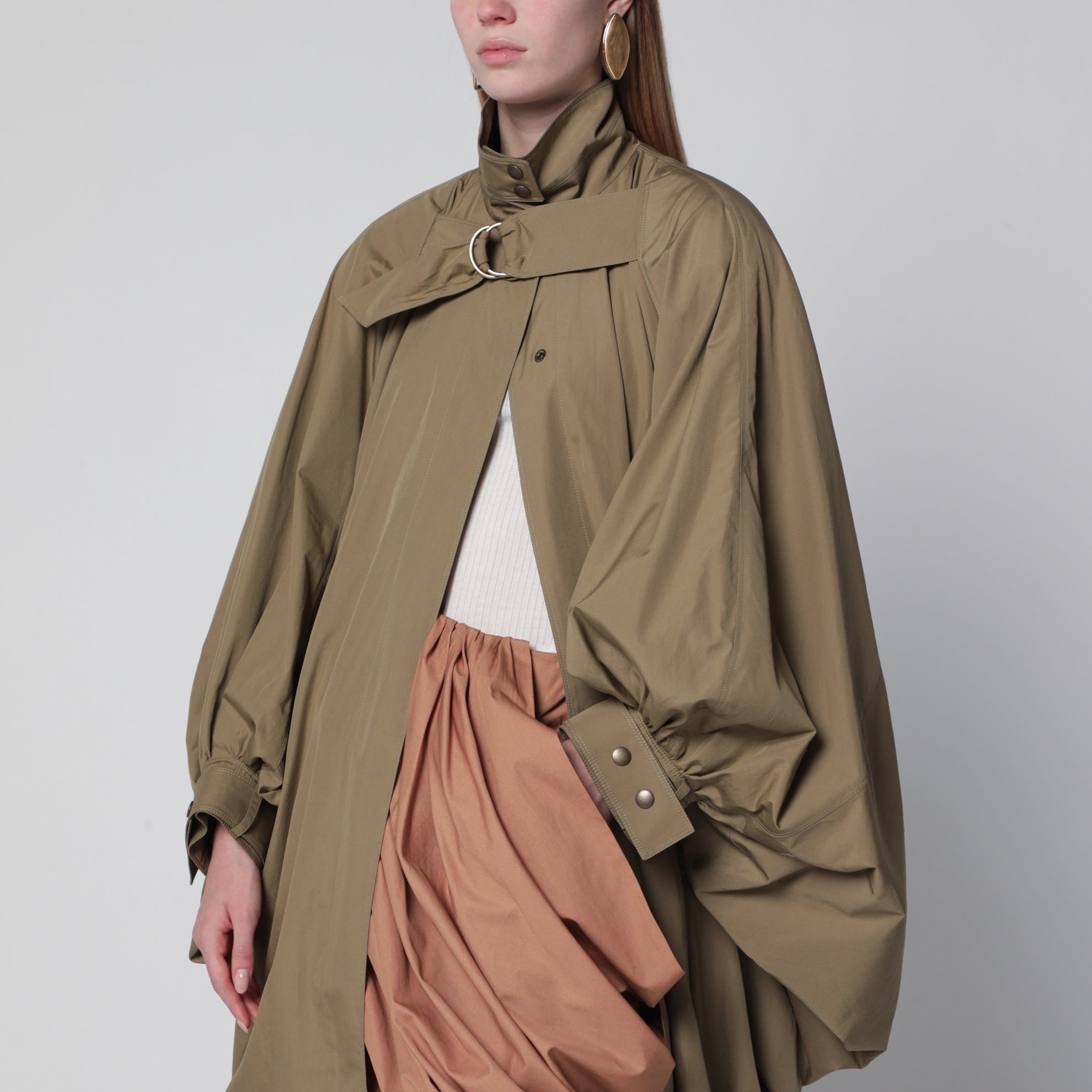 Oversized cape coat in olive green poplin