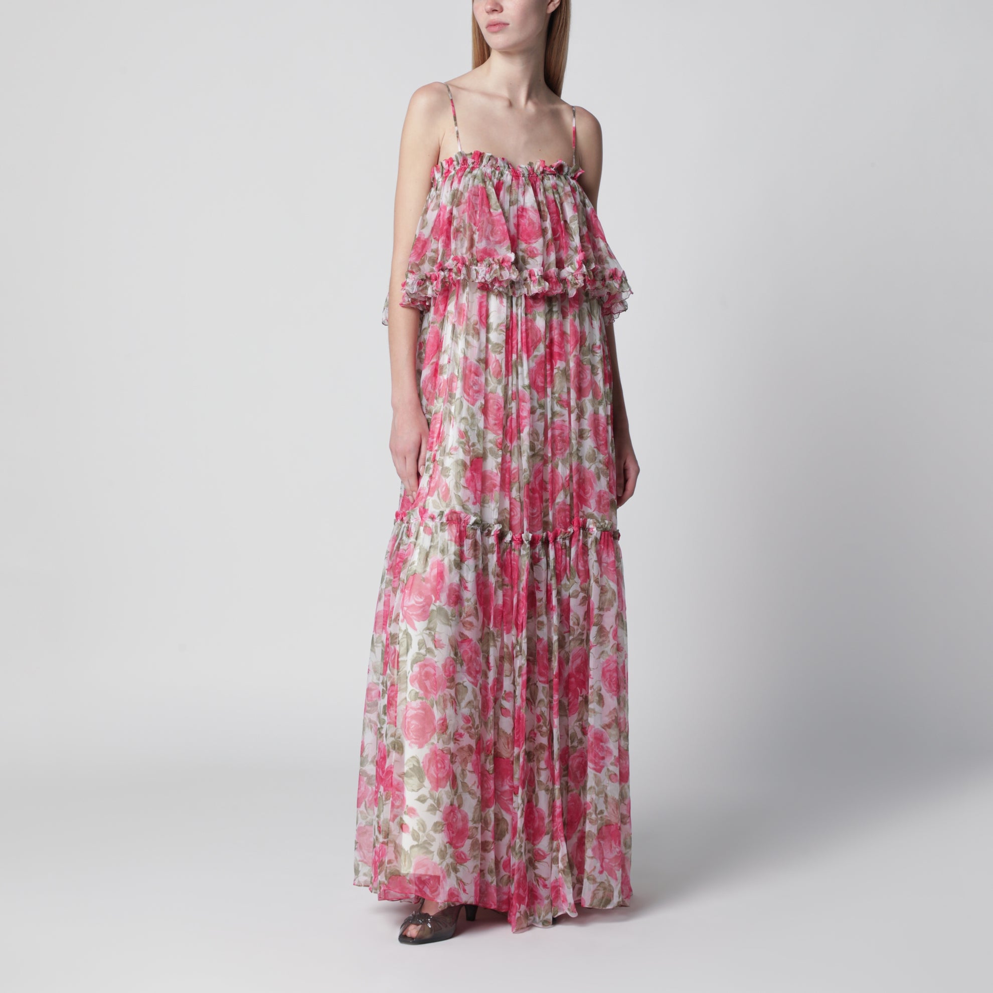 Long silk muslin dress with rose print, white/pink