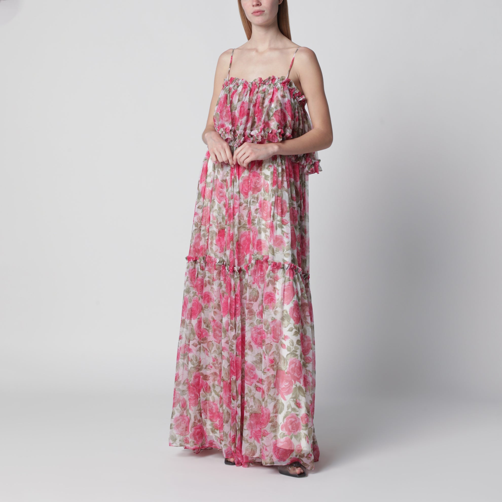 CHLOE' Long silk muslin dress with rose print, white/pink | TheDoubleF CHLOE' Long silk muslin dress with rose print, white/pink | TheDoubleF