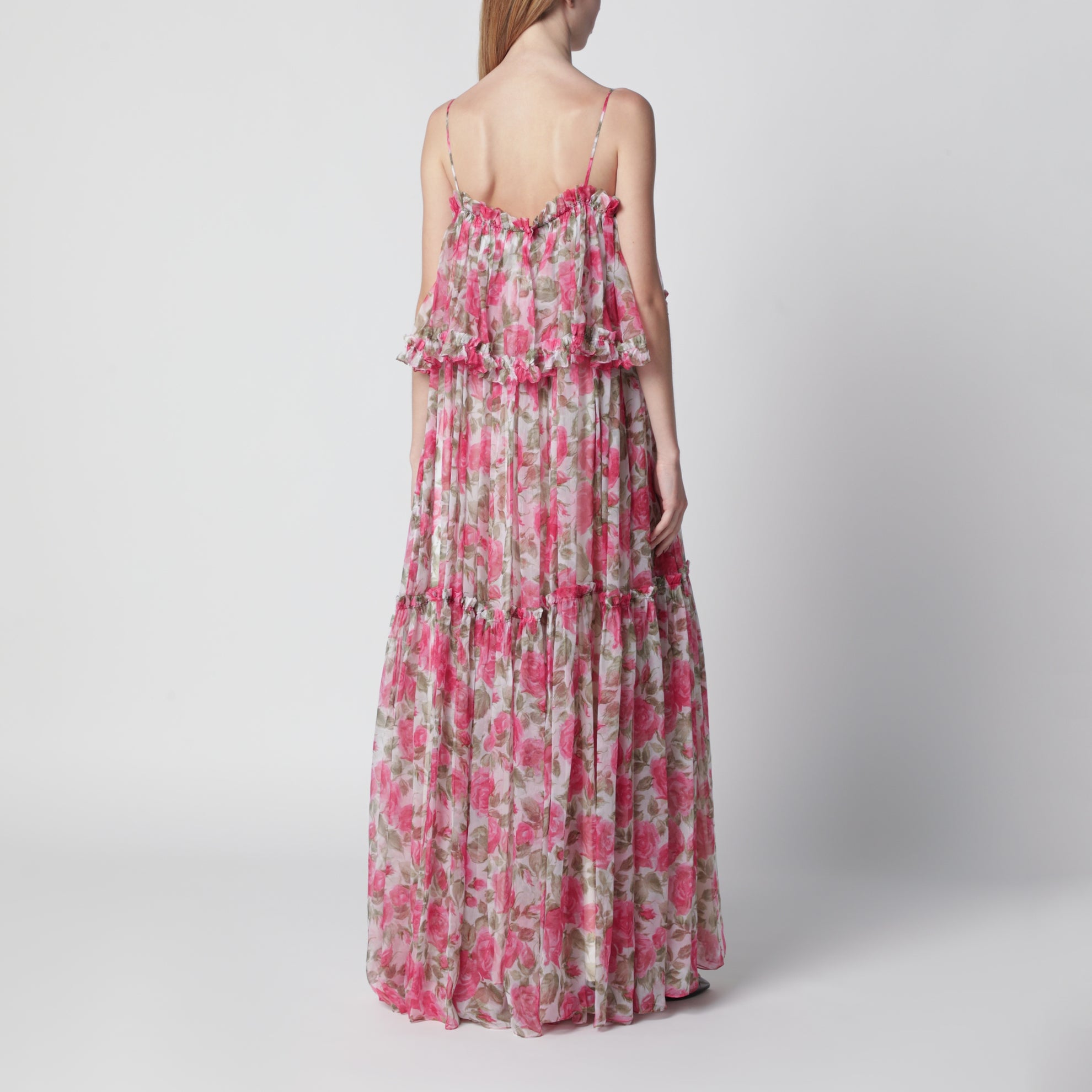 Long silk muslin dress with rose print, white/pink