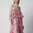 Long silk muslin dress with rose print, white/pink
