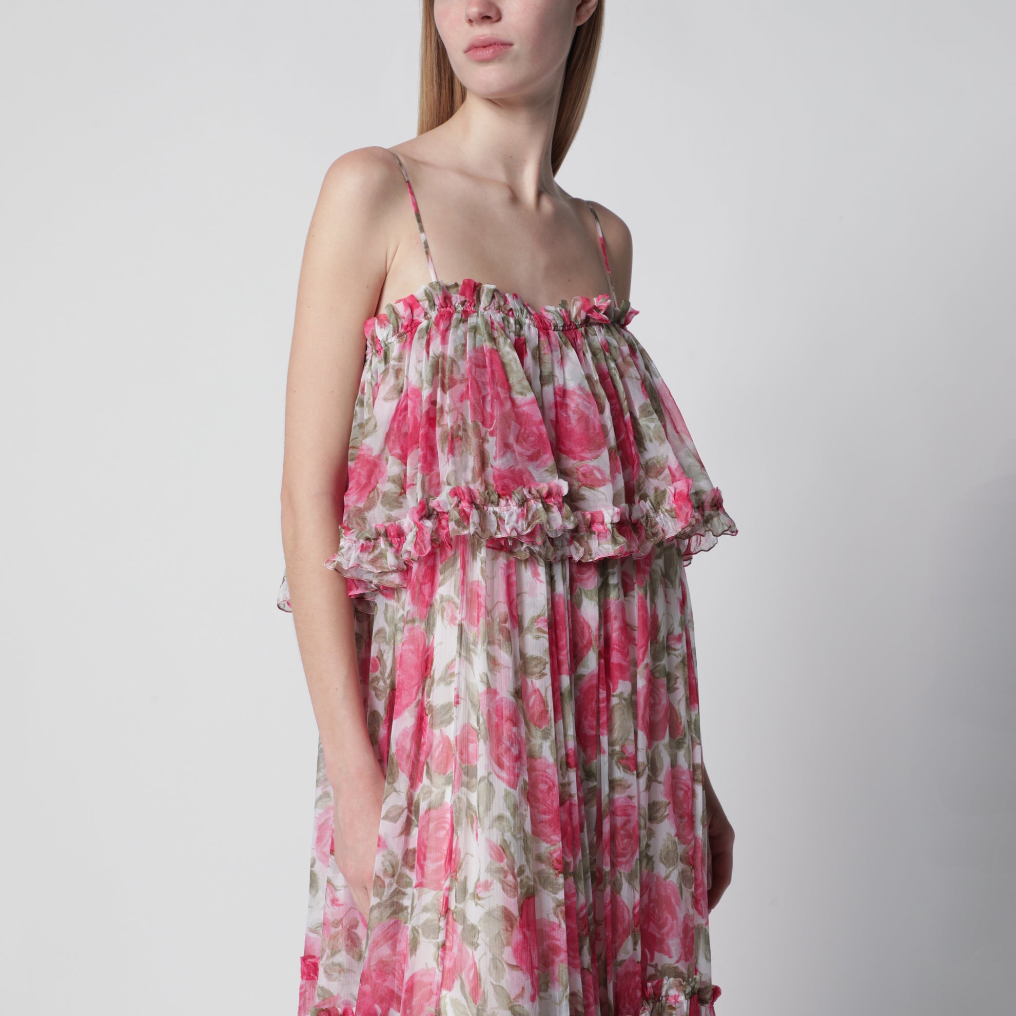 Long silk muslin dress with rose print, white/pink