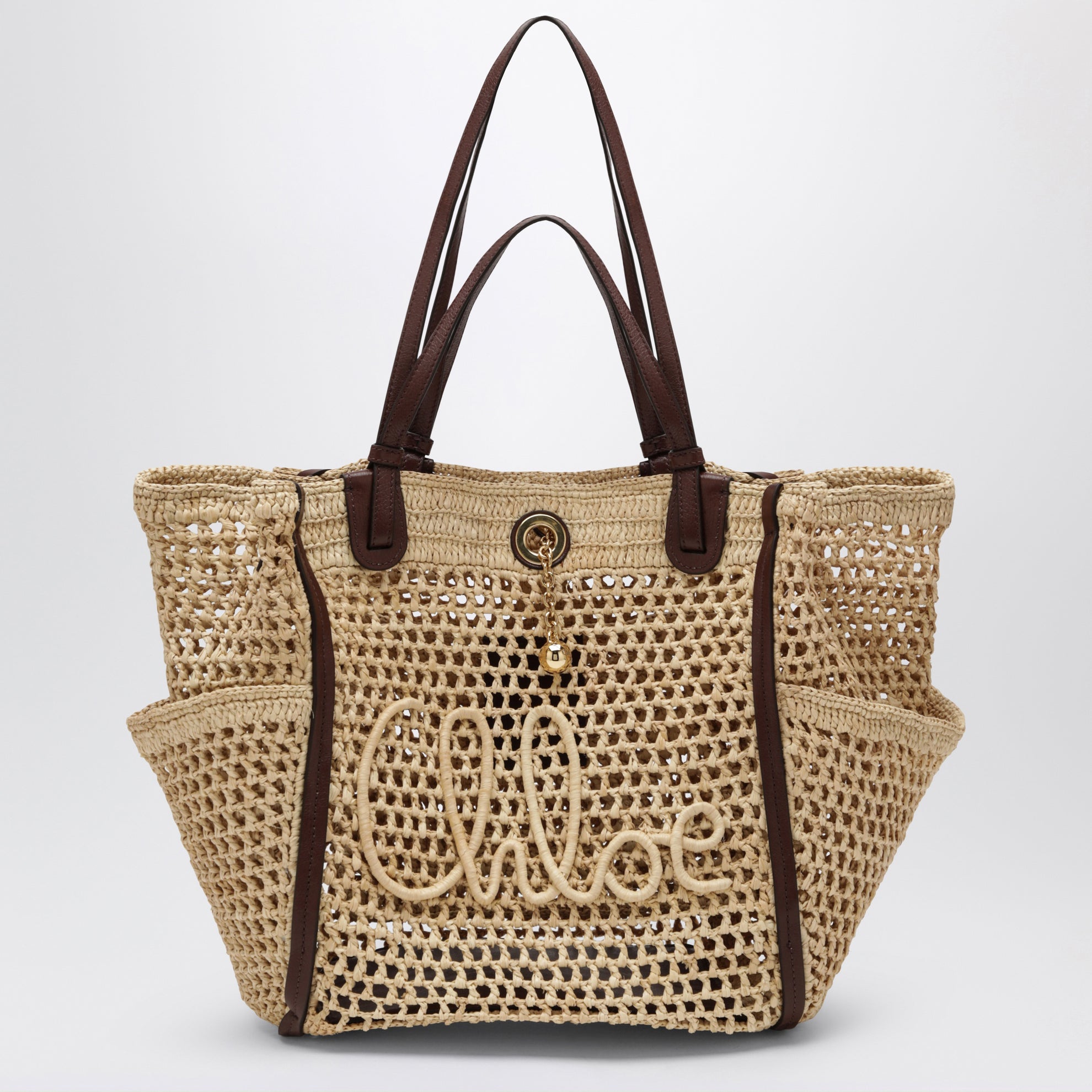 Borsa Iconic in rafia e pelle color sabbia/marrone