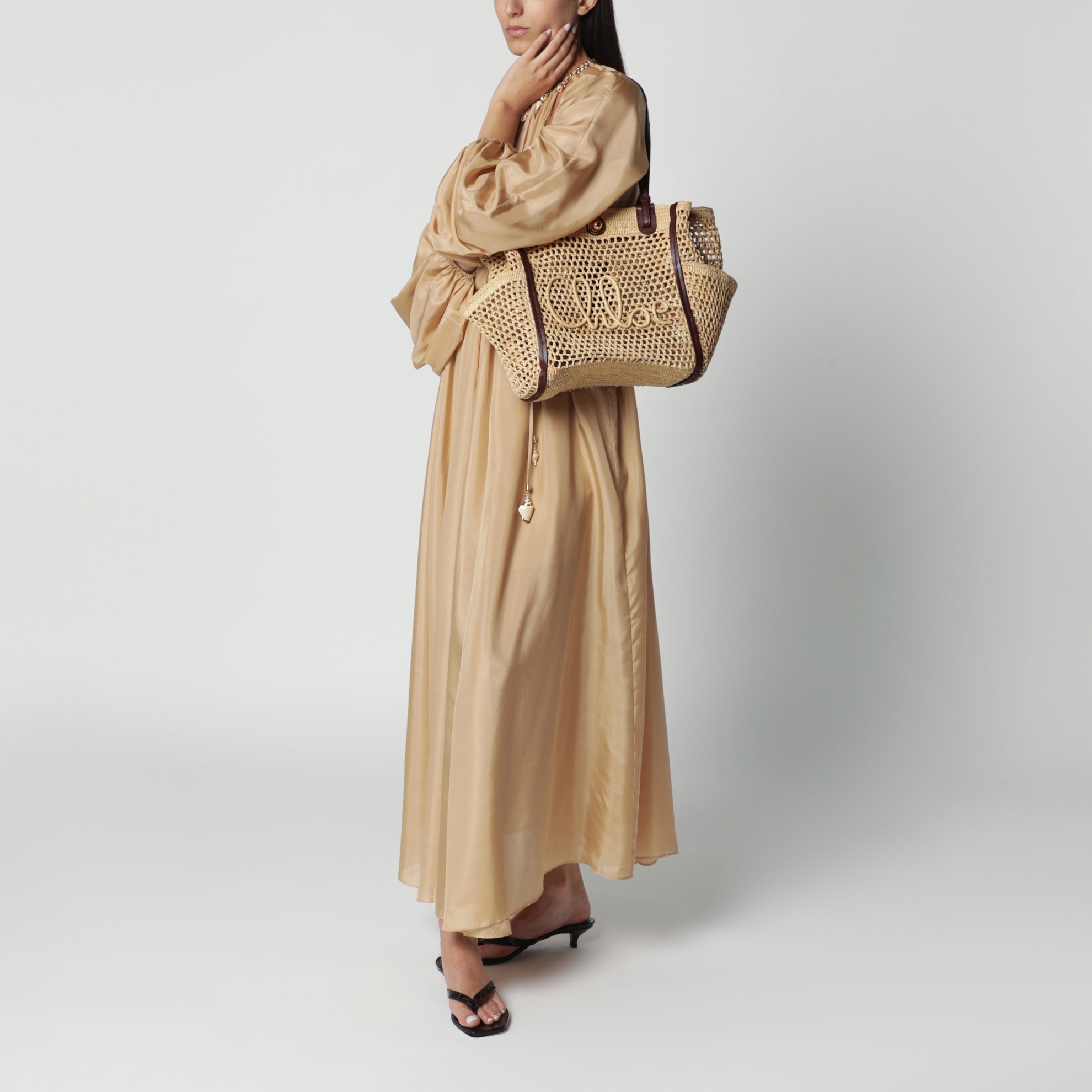Borsa Iconic in rafia e pelle color sabbia/marrone