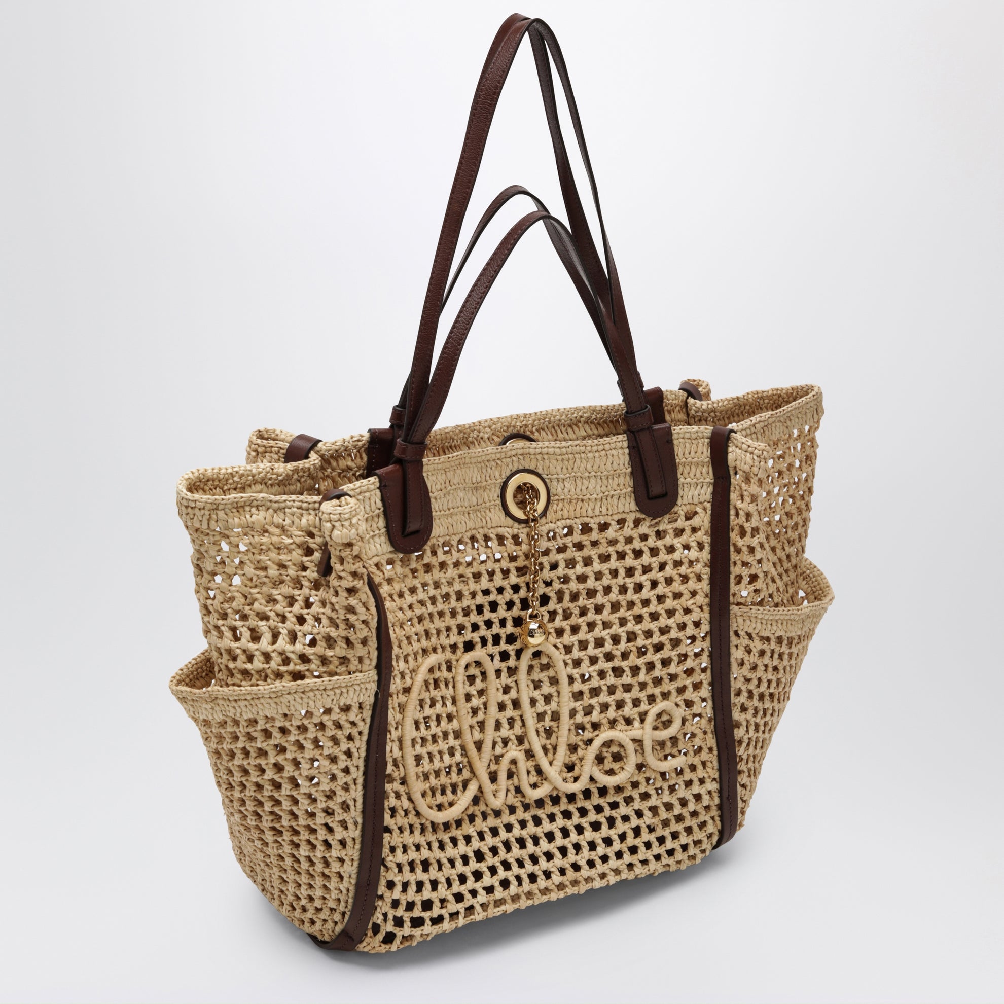 Borsa Iconic in rafia e pelle color sabbia/marrone