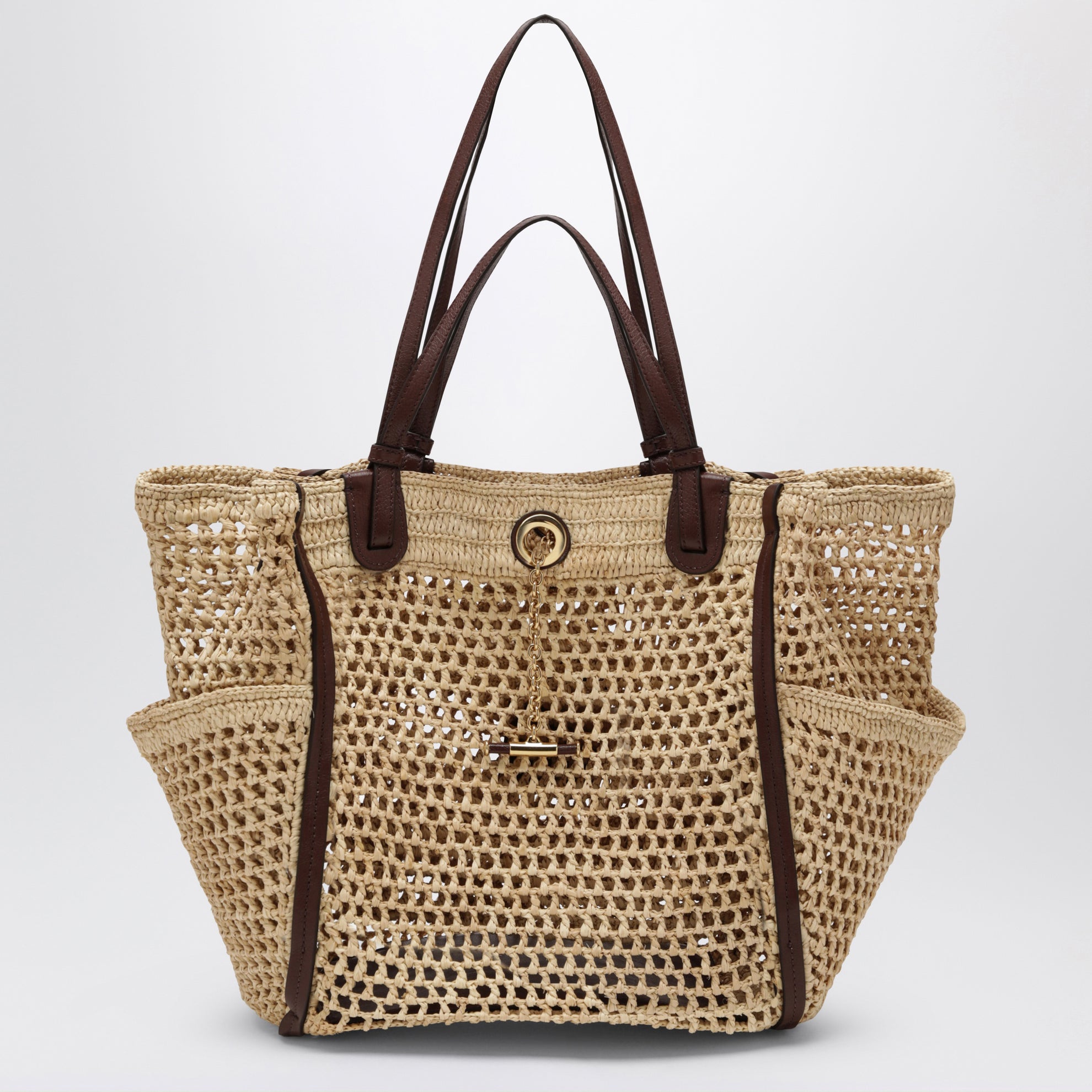 Borsa Iconic in rafia e pelle color sabbia/marrone