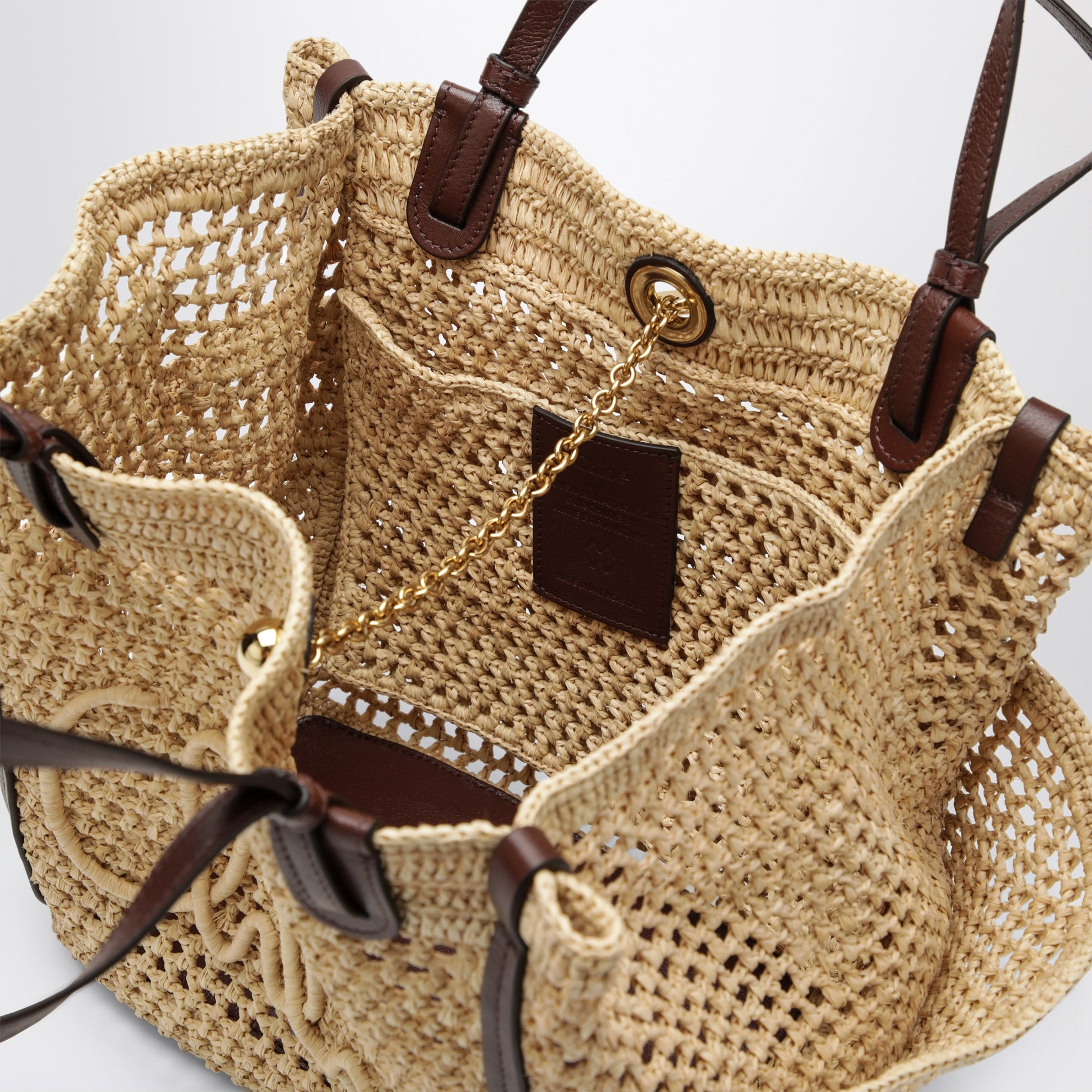 Borsa Iconic in rafia e pelle color sabbia/marrone