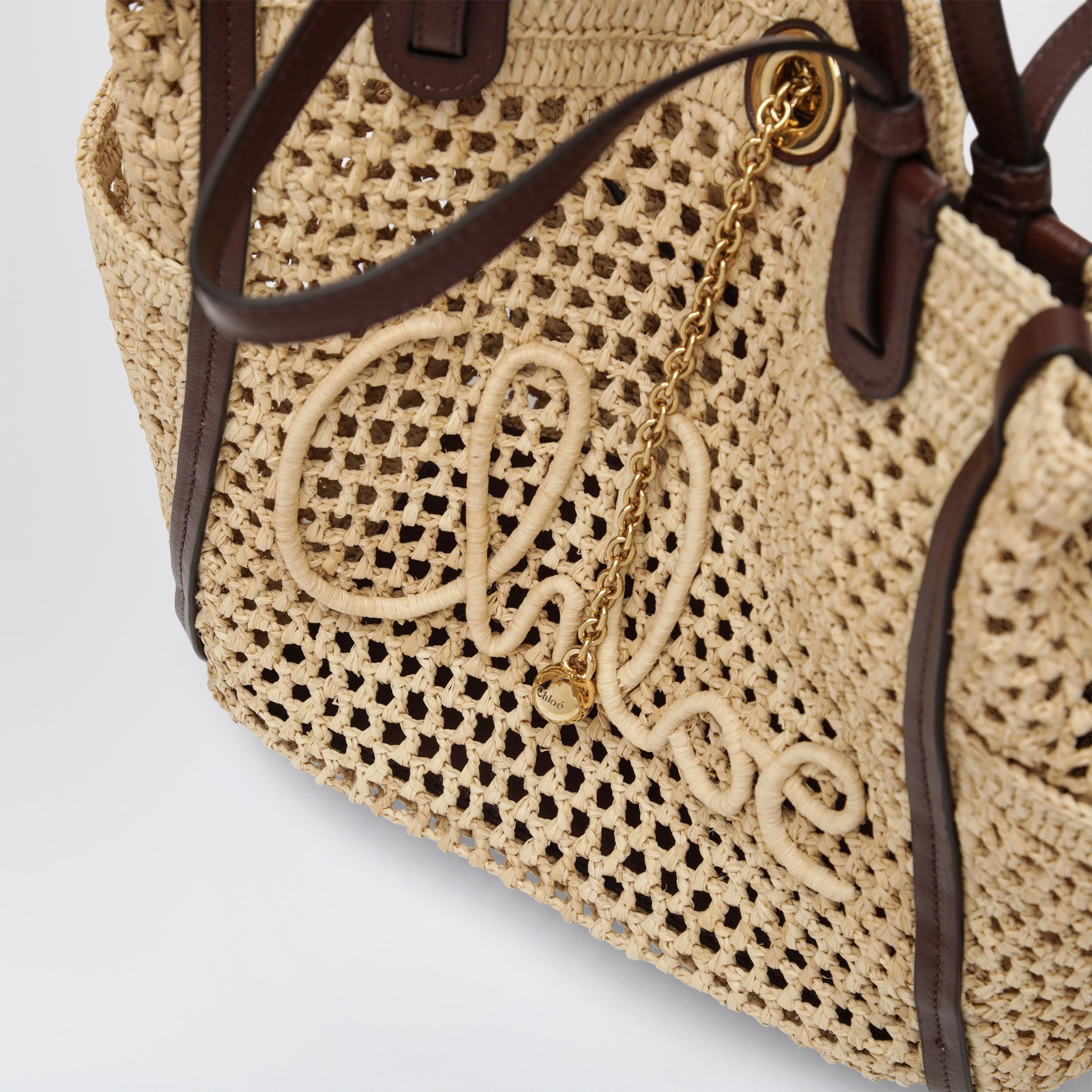 Borsa Iconic in rafia e pelle color sabbia/marrone