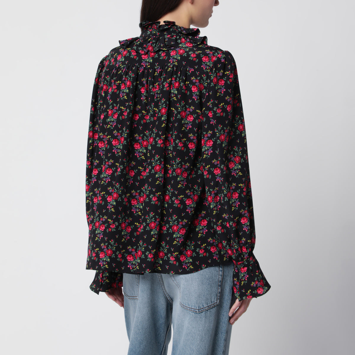 Schwarze Bluse mit Volants aus Seide mit Blumenprint