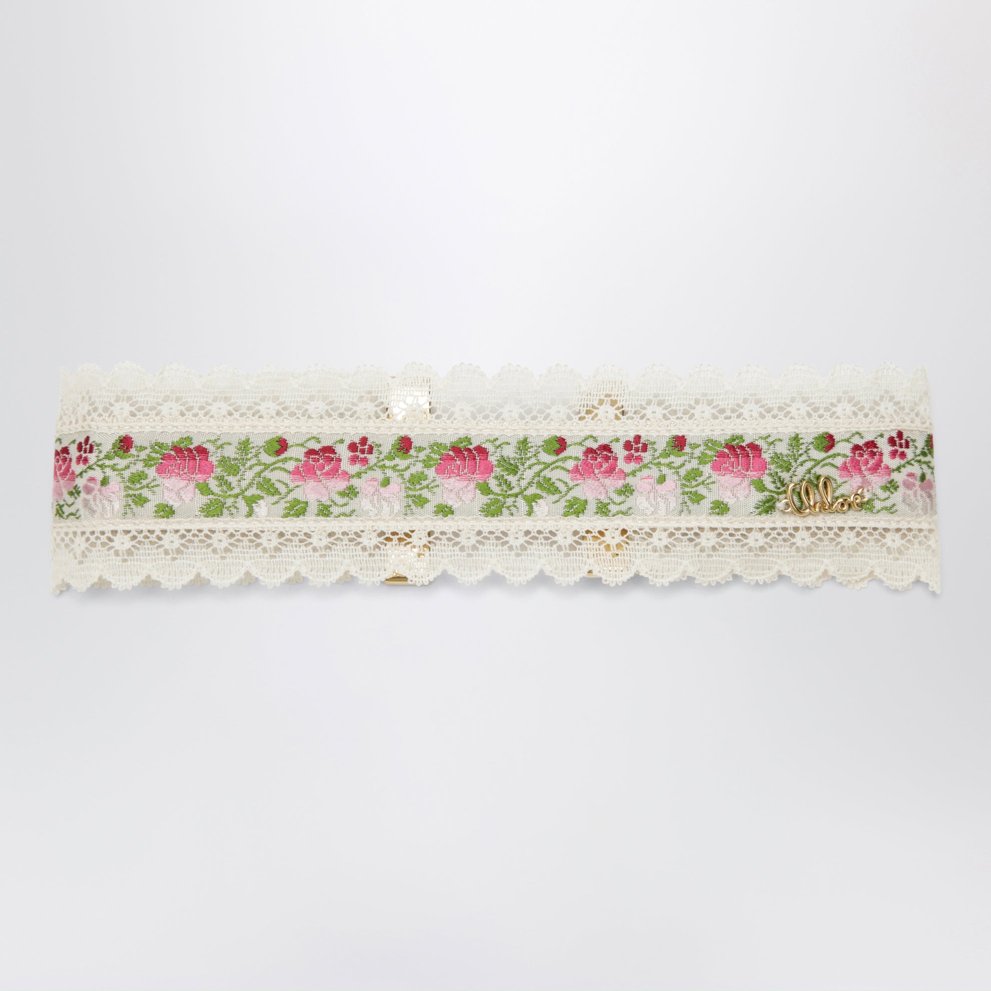 Choker necklace in lace and floral jacquard ribbon