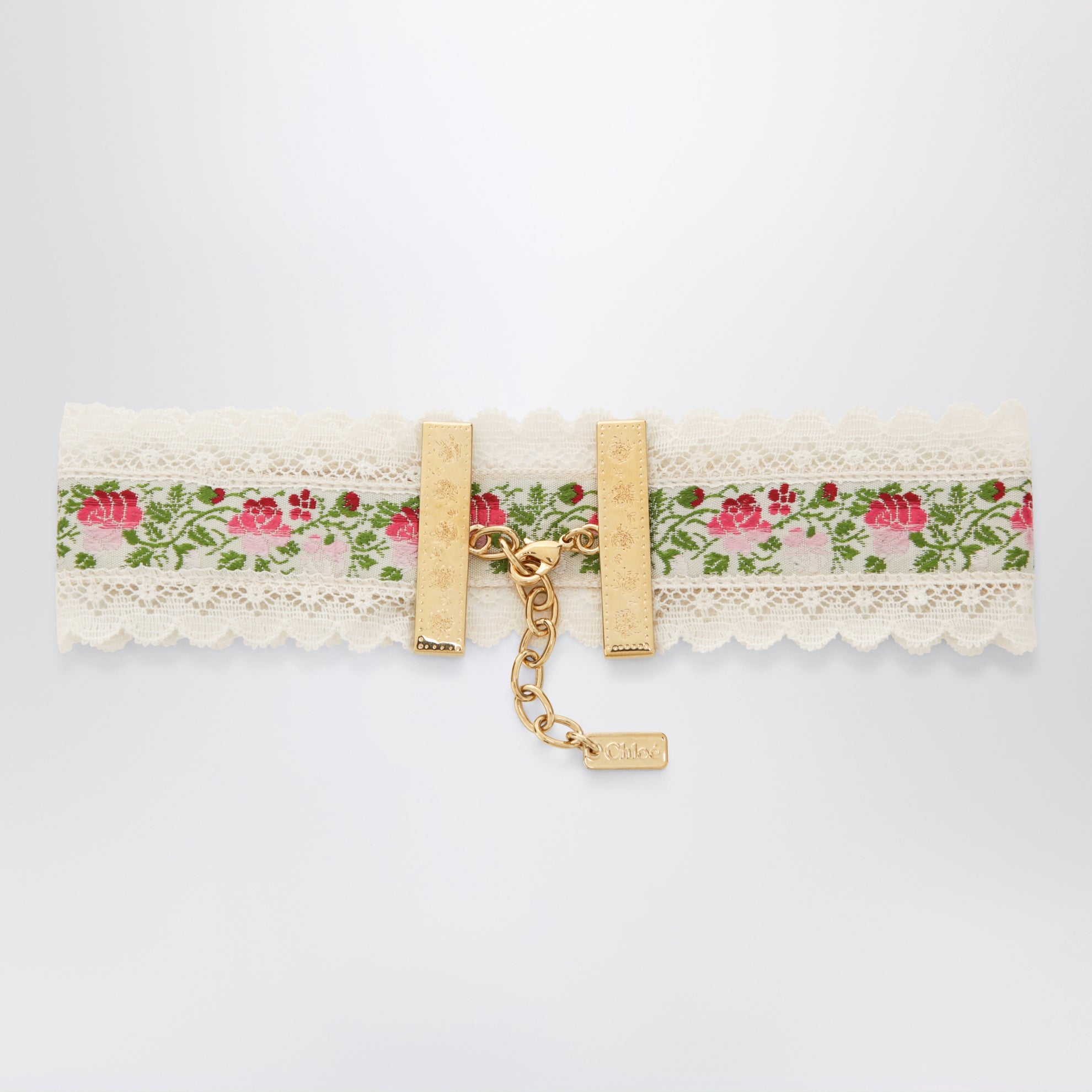 Choker necklace in lace and floral jacquard ribbon