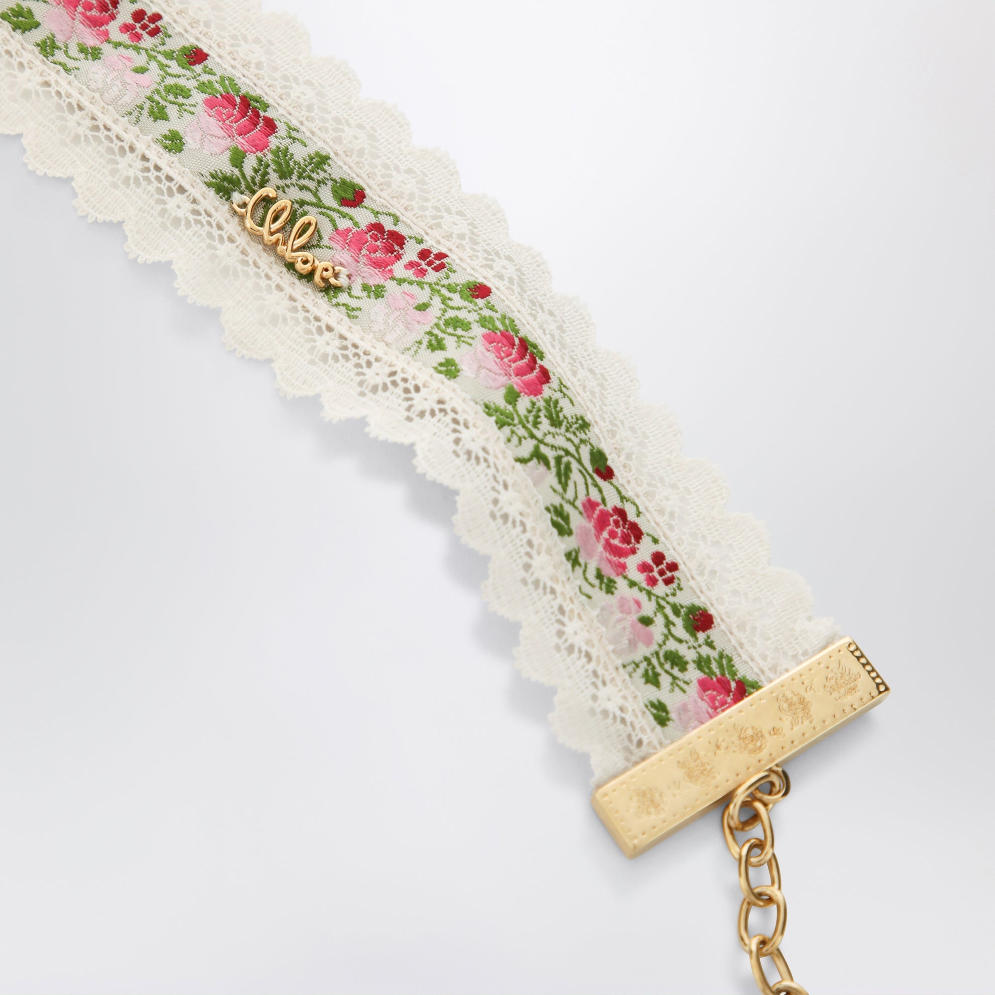 Choker necklace in lace and floral jacquard ribbon