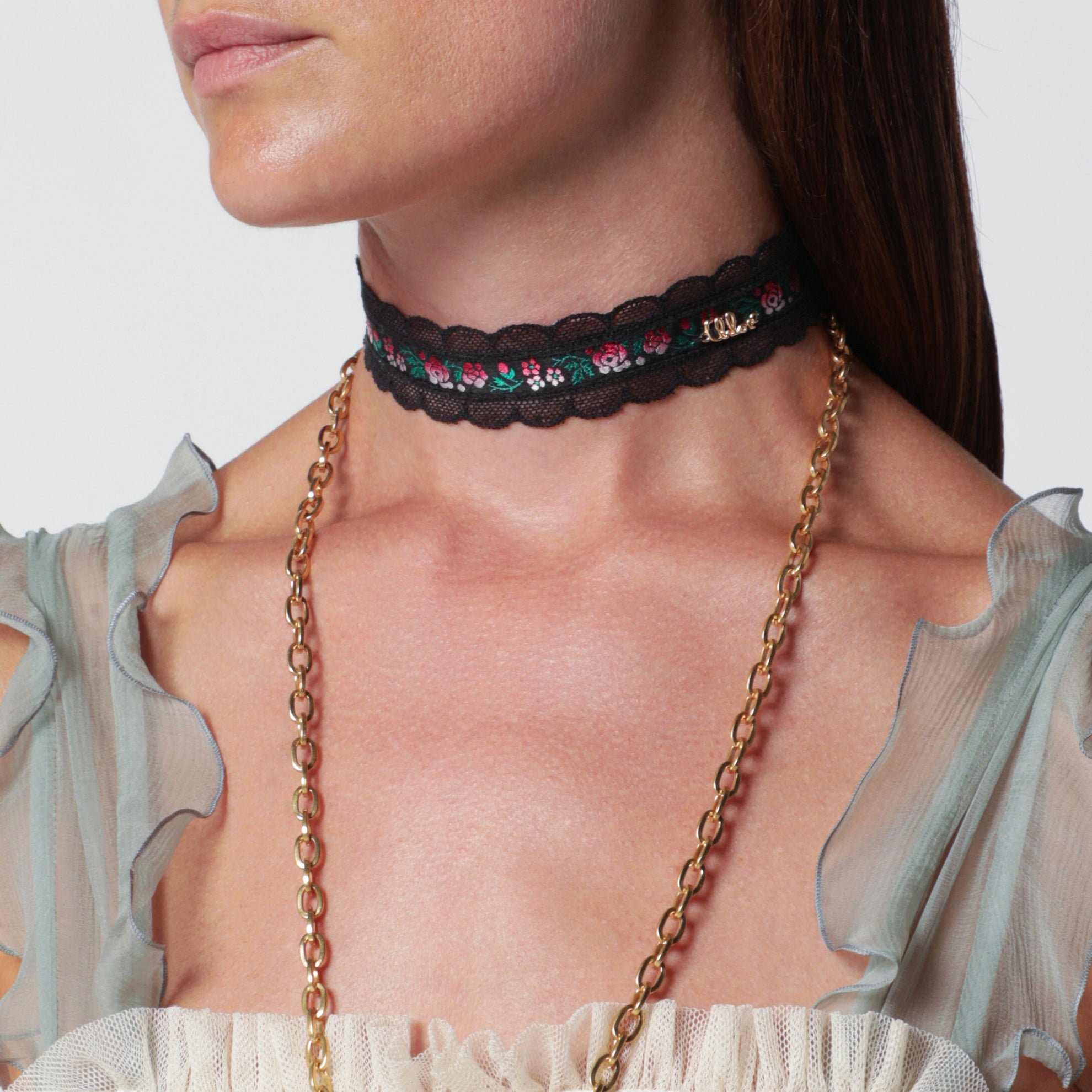 Choker-Halskette aus Spitze und Jacquardband mit Blumenmuster
