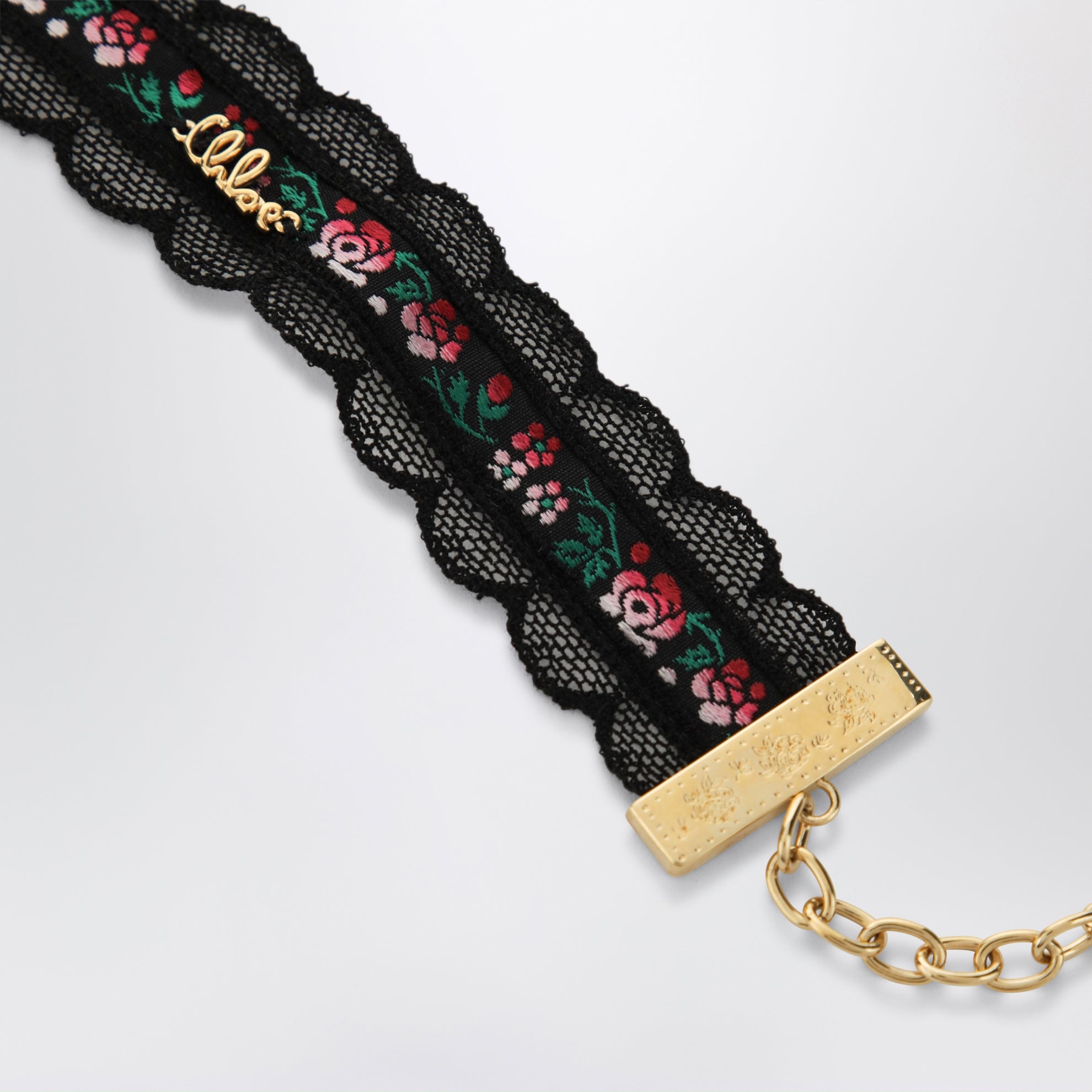 Choker-Halskette aus Spitze und Jacquardband mit Blumenmuster