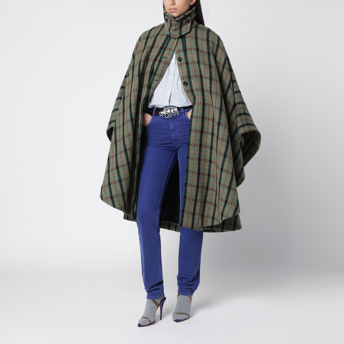 Green check cape coat in wool