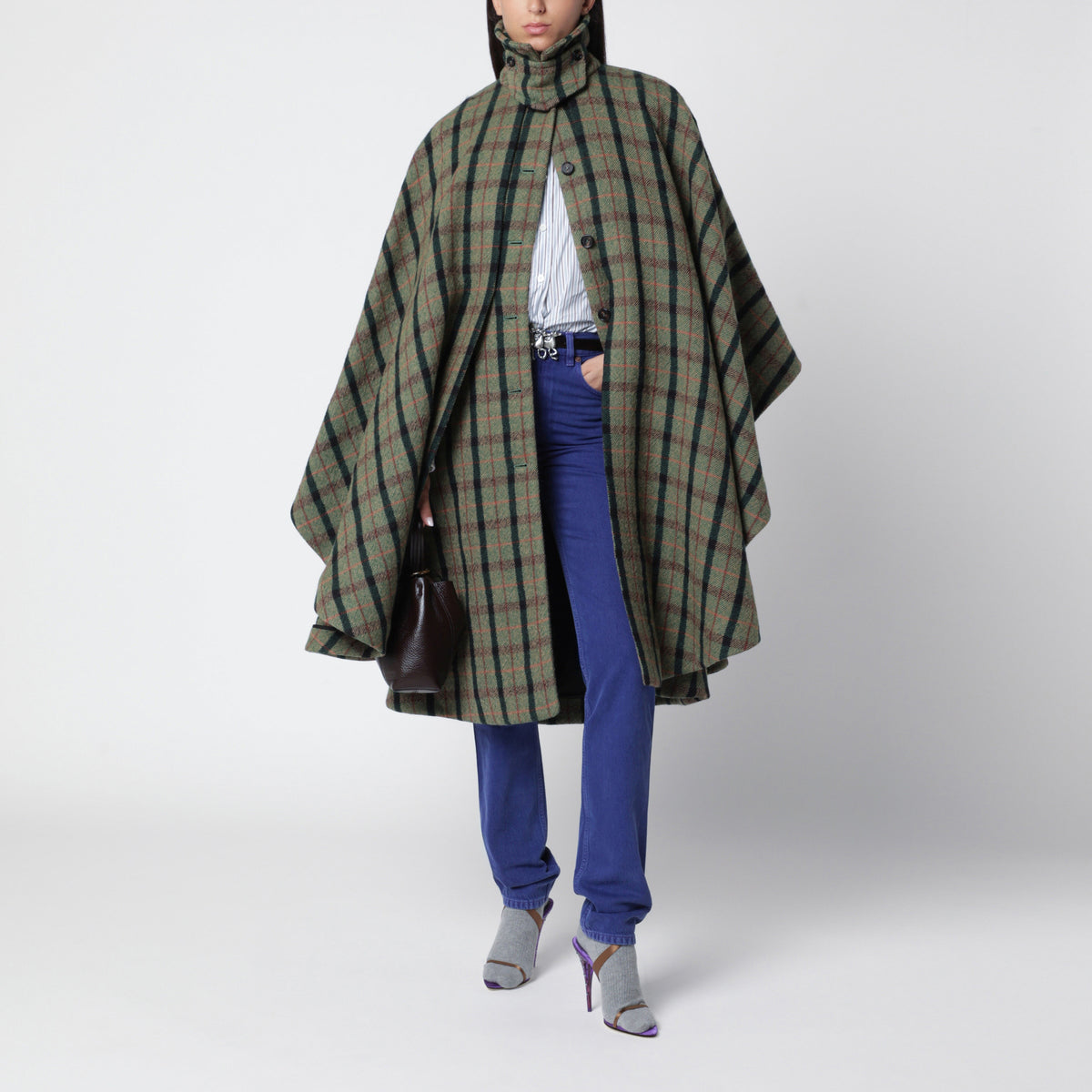 Green check cape coat in wool