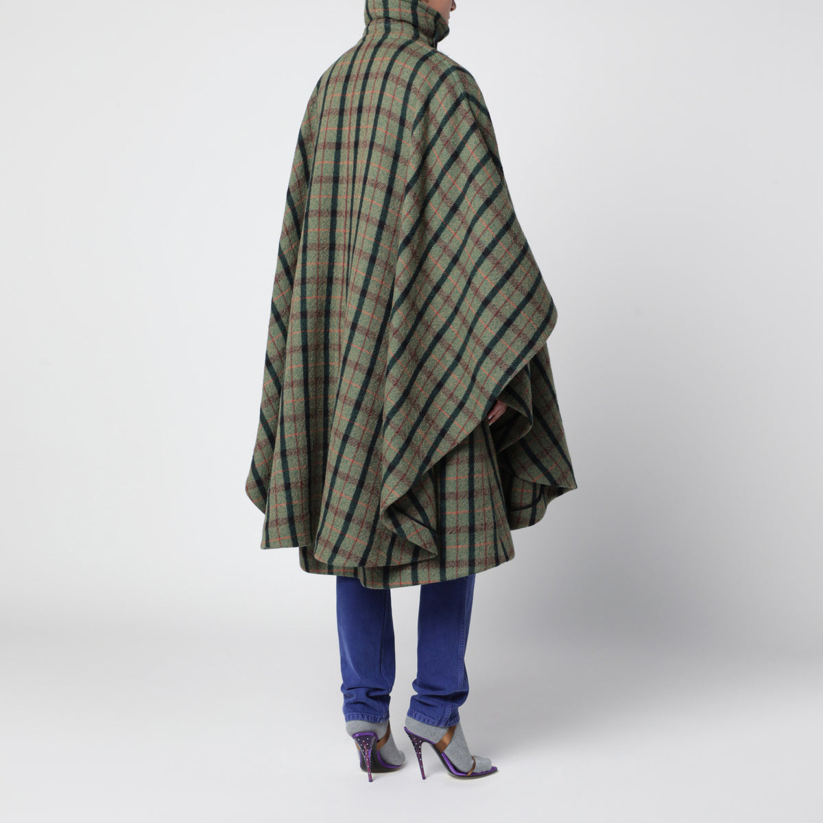 Green check cape coat in wool