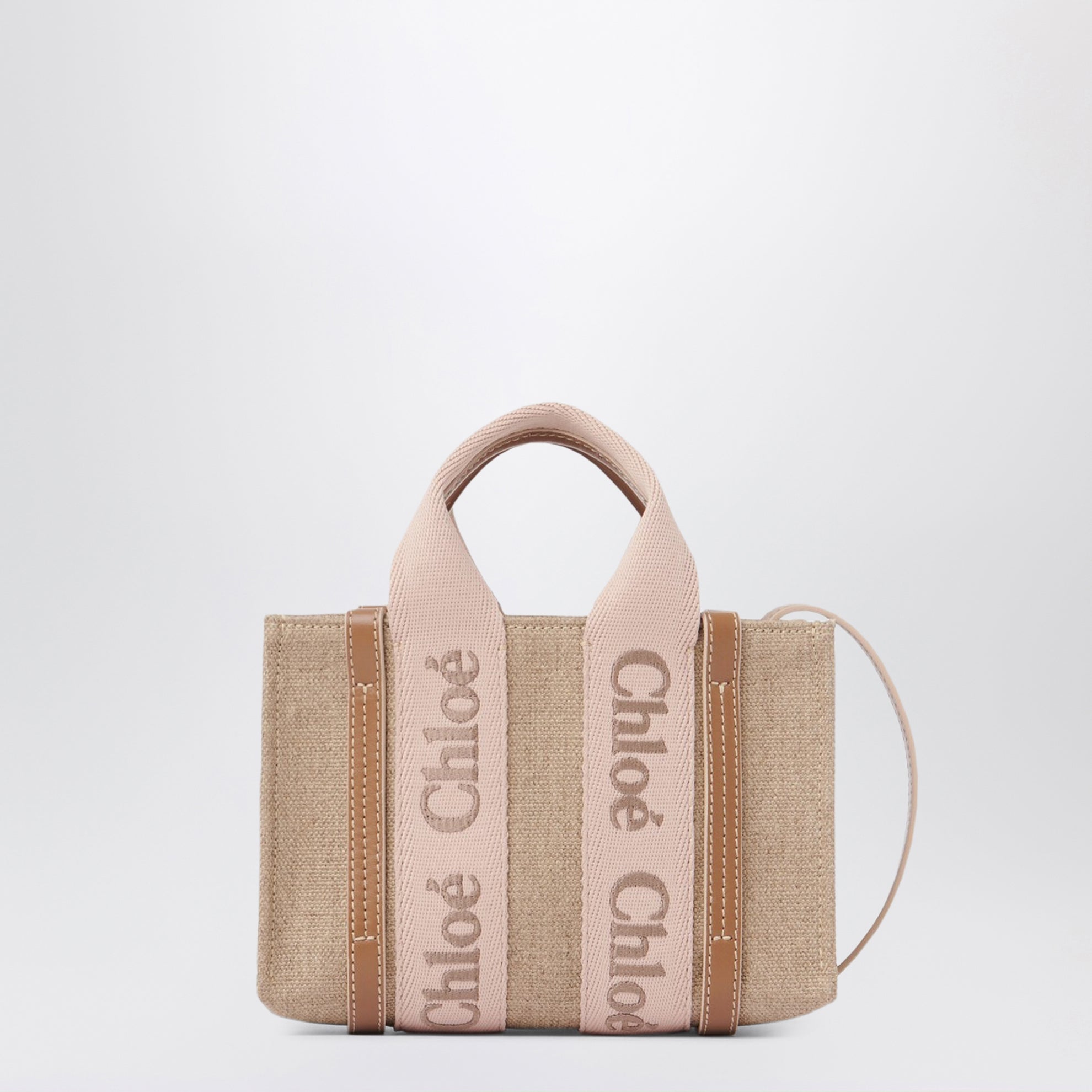 Small Woody tote bag in linen Blushy beige